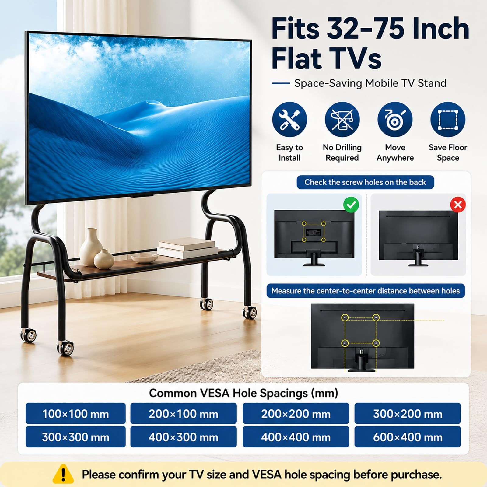 Supporto TV Mobile da Pavimento per TV da 32–75 Pollici, Carrello TV con Ruote | Acciaio al Carbonio, Mensola Portaoggetti Autoportante con Ruote Bloccabili(White,120x35x120cm)
