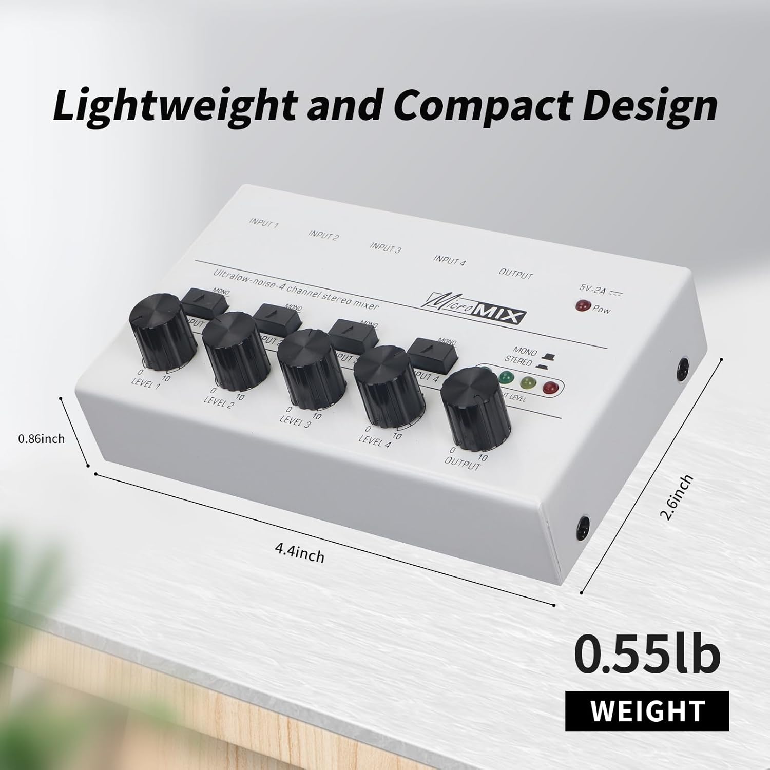Horse Audio Mixer Line Mixer, 4-Channel Stereo Line Mixer for Sub-Mixing, Ultra Low Noise Operation, for Guitar, Microphone, Bass, Digital Keyboard, Suitable for Bar and Small Club, White