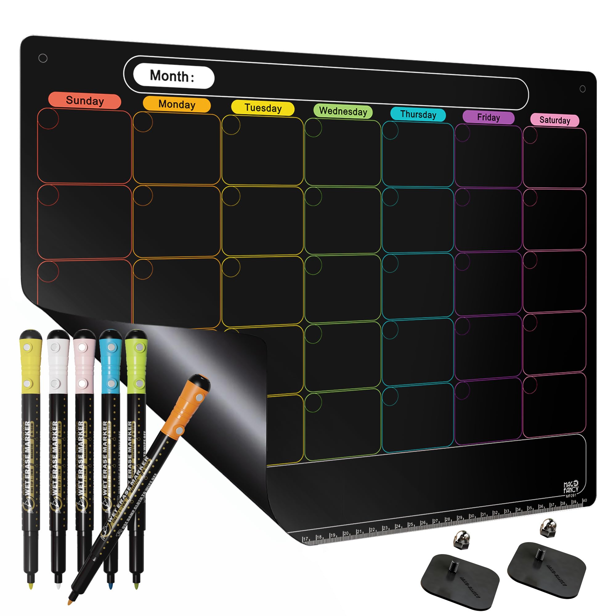 MAG-FANCY Magnetic Calendar for Refrigerator Dry Erase Calendar Black Monthly Chalkboard Planning Board 6 Fine Tip Wet Erase Markers & Mounts for Wall