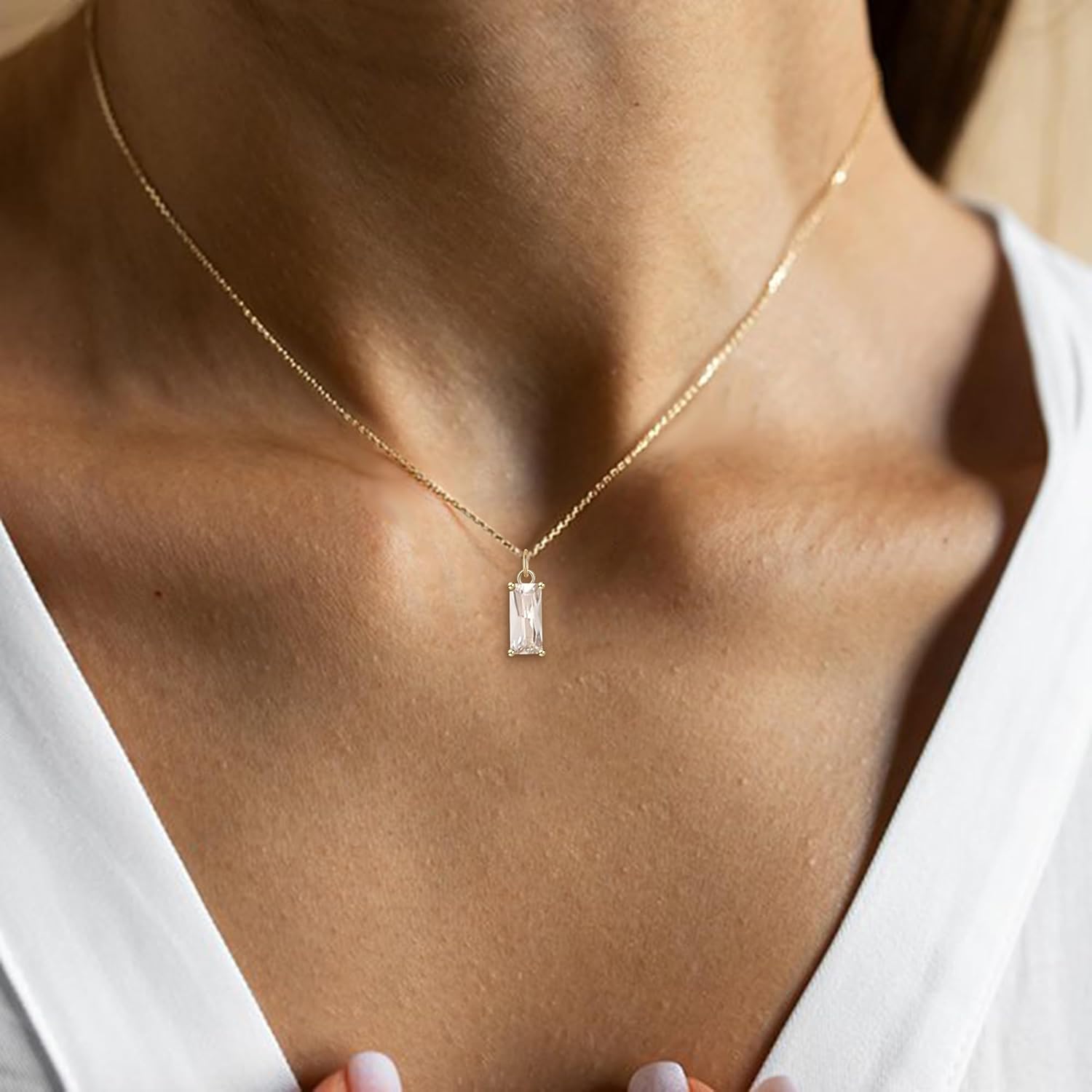 EVER FAITH Tiny Created Diamond Necklace, S925 Silver 14K Gold Emerald Cut Birthstone Cubic Zirconia Choker Necklace for Women Mothers Day/Birthday Jewelry Gifts - Image 2