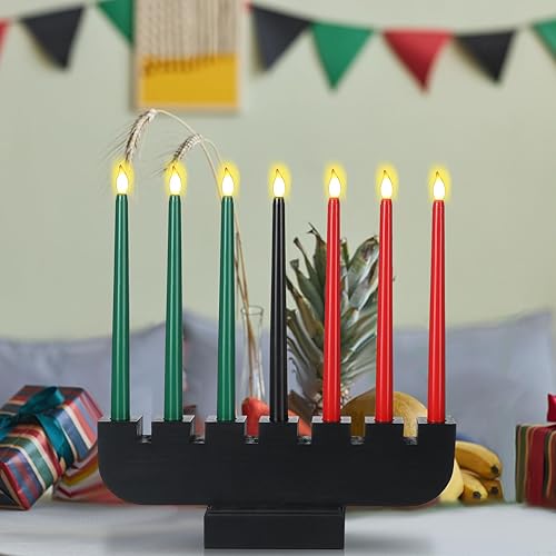 Miniatura 6 de Baquler Kwanzaa Kinara negro y 7 velas Kwanzaa sin llama, portavelas Kwanzaa de madera, 3 rojas, 3 verdes, 1 negro, funciona con pilas, velas LED