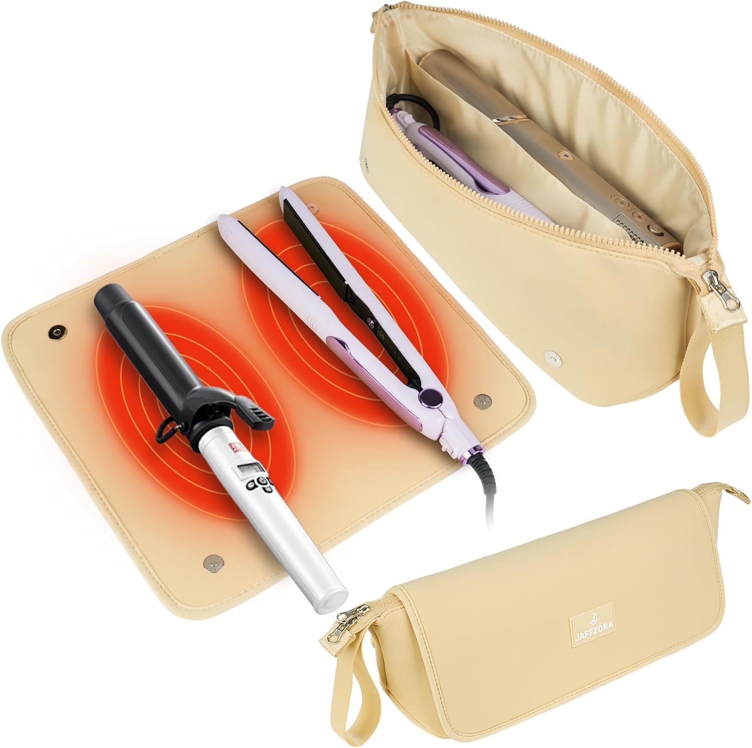 Hair Tools Travel Bag with Heat Resistant Mat, Portable 2 in 1 Hair Storage Bag for Curling Iron, Flat Irons, Straighteners and Haircare Accessories(Apricot)