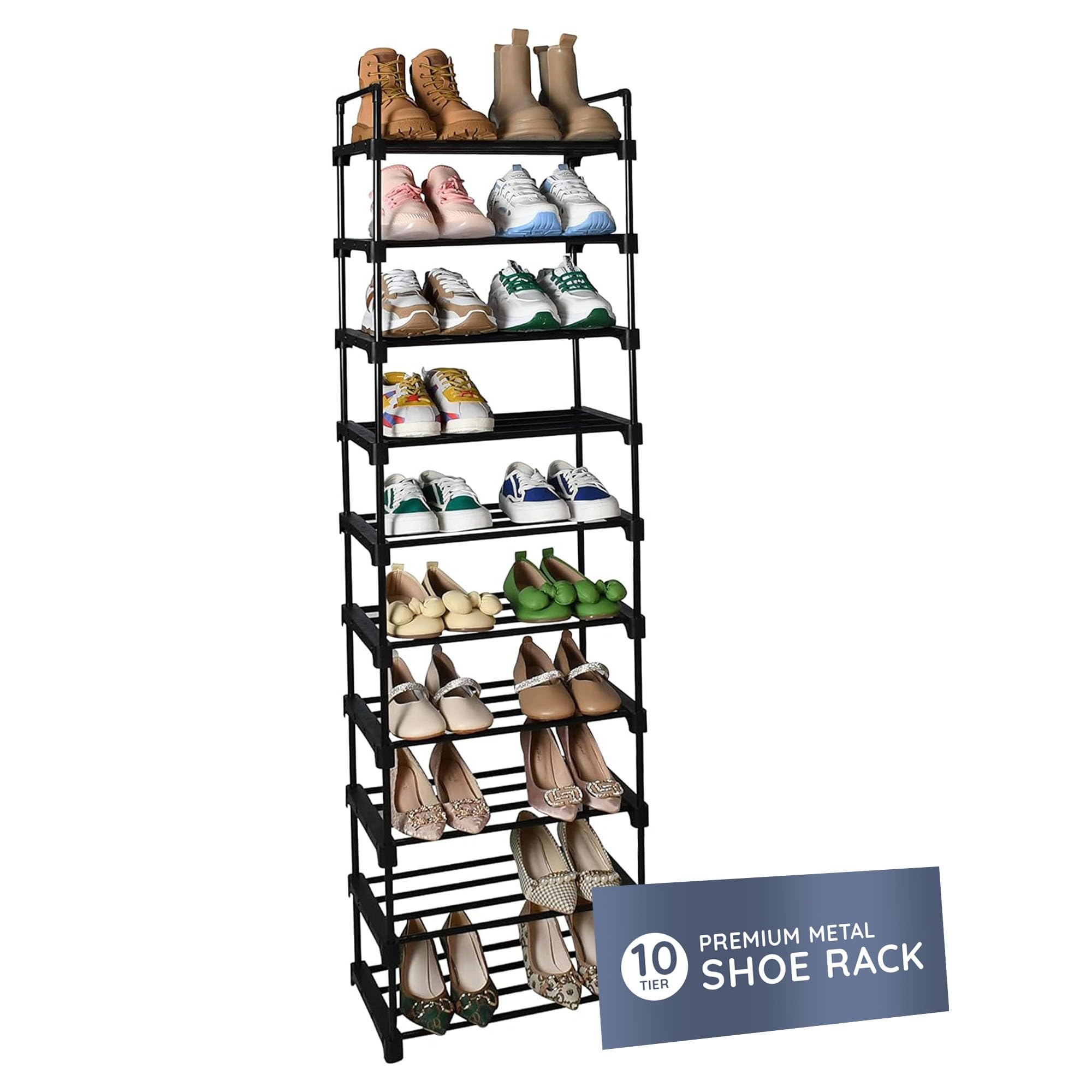 CUQOO 10 Tier Shoe Rack – Metal Shoe Organiser for Small Spaces, Space-Saving Shoe Storage Shelf for Hallway, Bedroom & Entryway, Sturdy Compact Shoes Stand for Home, Stackable Shoe Racks for Storage