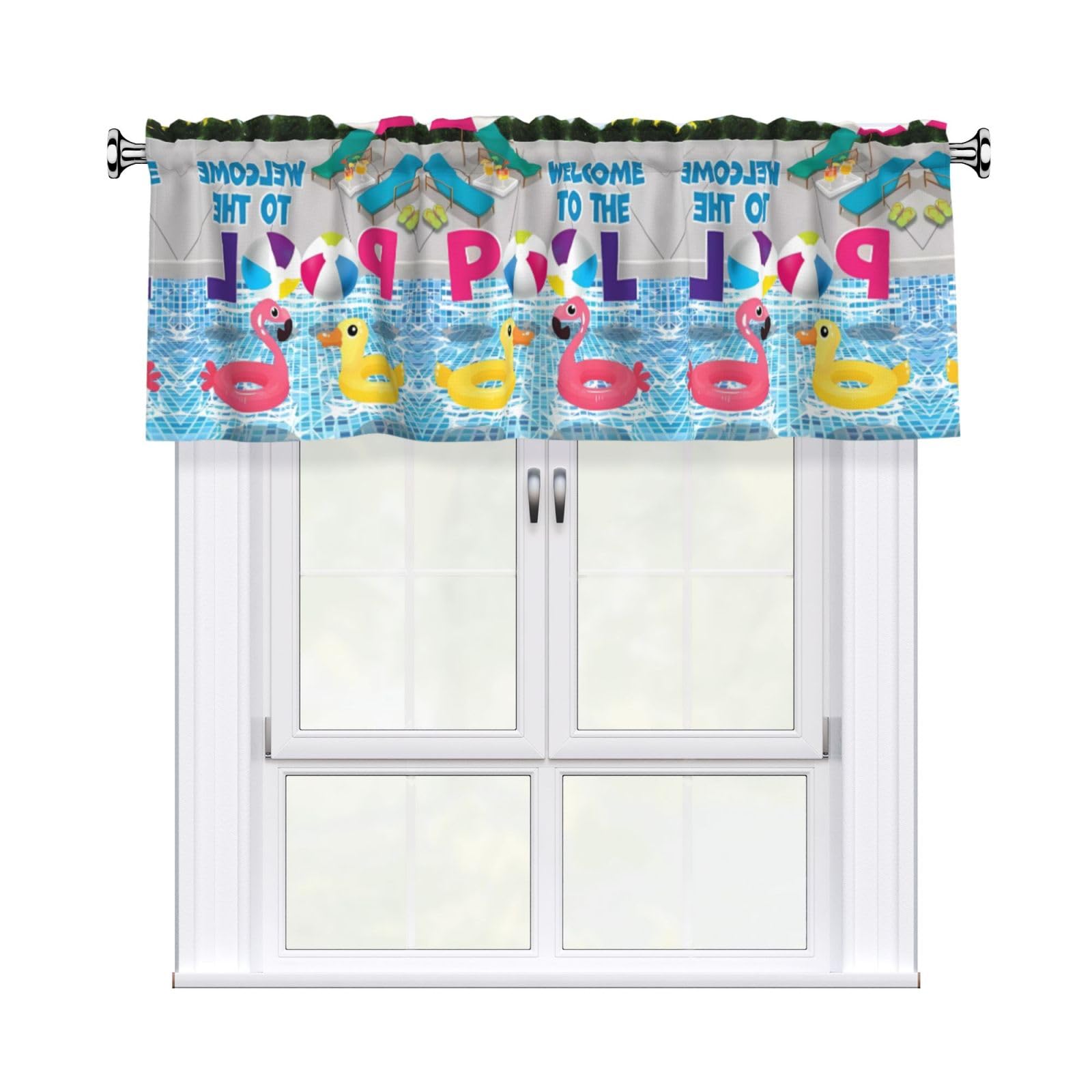 WHJSHOP Flamingo and swimming pool Prints Curtain Valance 54x18in - Peach Skin Kitchen Window Layer, Filtered Light & Quick-Install Rod Pocket Cover