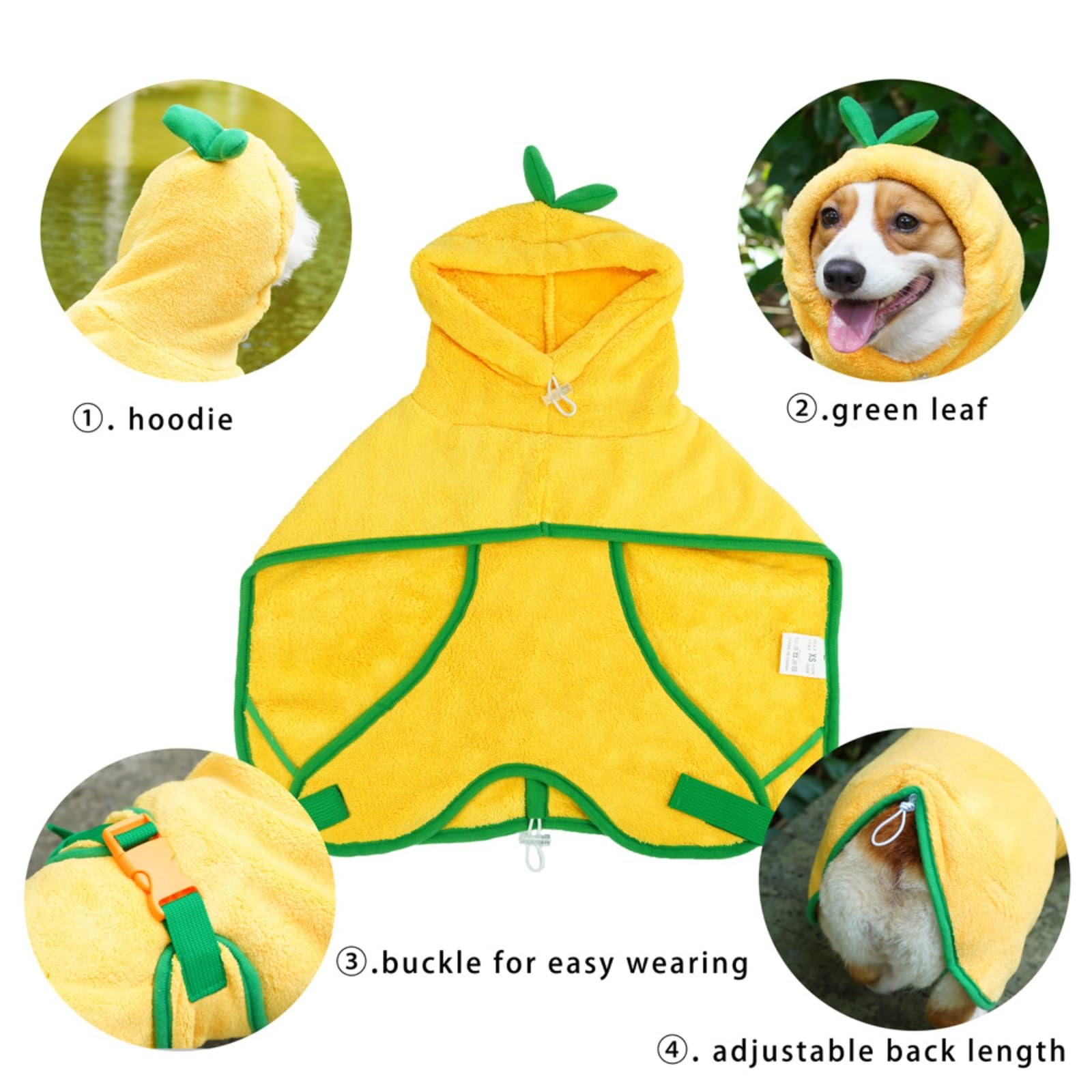 Accappatoio per cani e gatti, ad asciugatura rapida, accappatoio con cappuccio, collare regolabile e cinghia per la pancia, per piscina e spiaggia (giallo, XL)