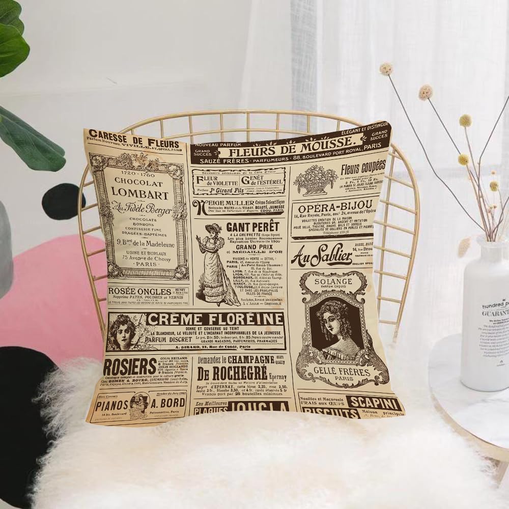 HYOSXW Cushion Cover,Throw Pillow Case Home Decorative for Living Room Bedroom Sofa Chair 16X16 Inch,Paris,Vintage Old Historic Newspaper Journal French Paper Lettering Art,Pillowcase 40X40cm