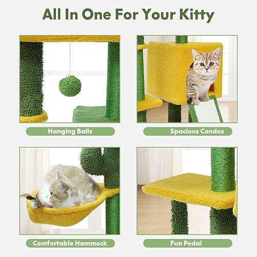Miniatura 4 de BYPASS Árbol para gatos de 33.46 pulgadas, torre de cactus para gatos con gran percha superior acolchada cubierta de sisal, poste rascador acogedor