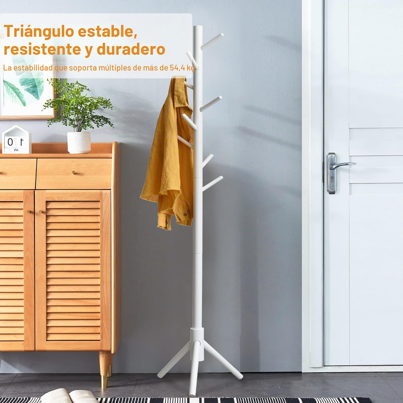 IBUYKE Perchero de Pie, Perchero para Abrigos, Madera Perchero de pie con 8 Ganchos en y trípode Sólidos, para la Entrada, Pasillo, Blanco RF-1194