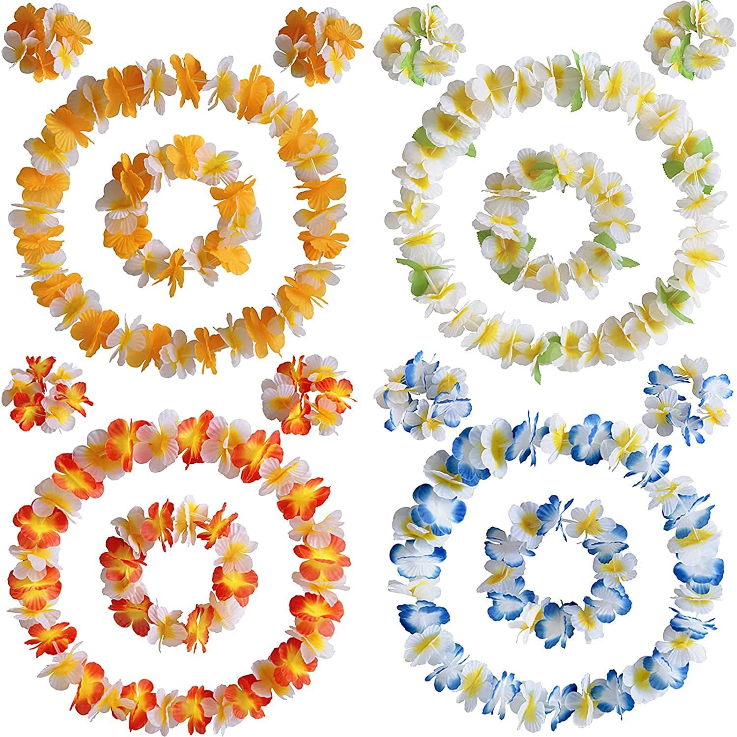 Hawaiian Lei Garlands, Flower Tropical Hawaiian Party Supplies Necklace Headbands and Wristbands Colorful for Party Decorations Beach Vacation Luau Party Decorations Birthday Party Favors 4 Set