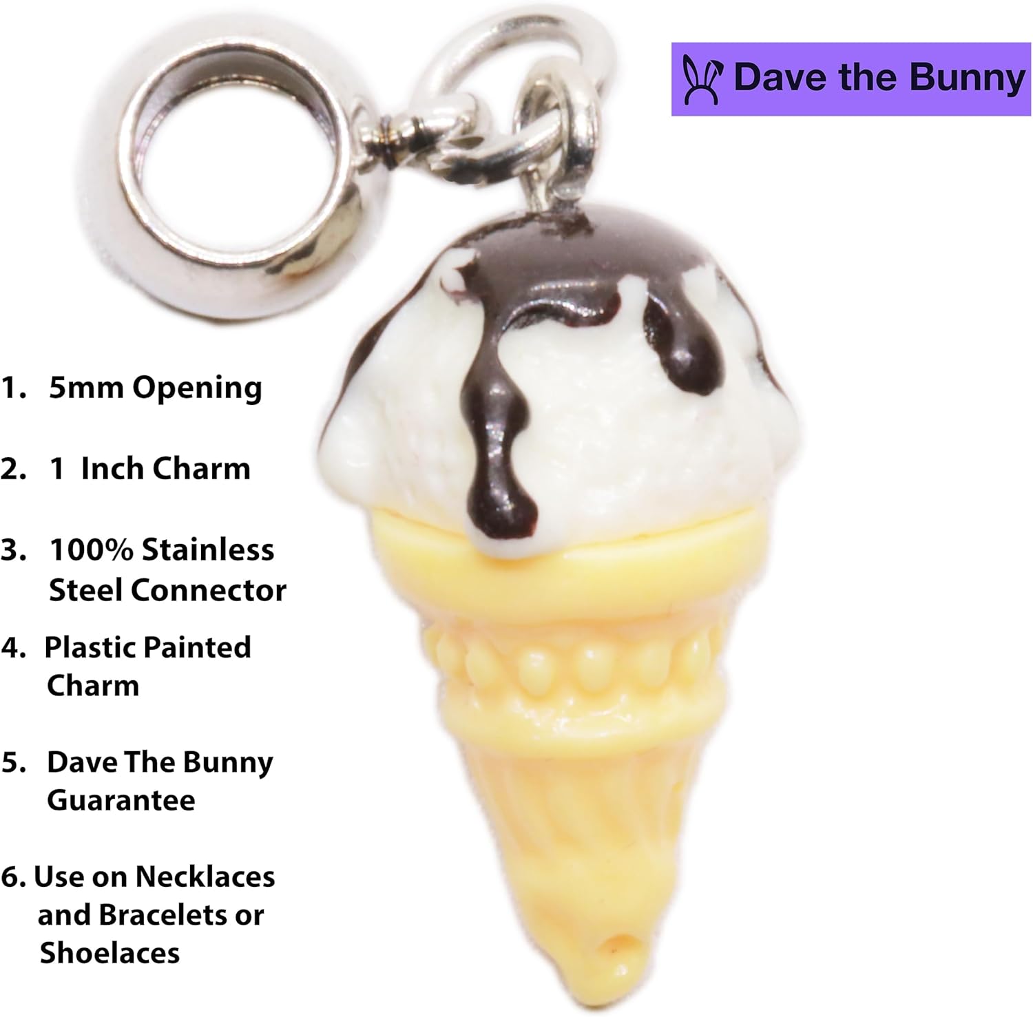 Dave The Bunny Ice Cream Pendant Necklace Gift, Realistic Vanilla Scoop Jewelry, Mini Ice Cream Cones Charm on Chain, Cute Dessert Accessory with Purple Pouch for Fun Gift Giving