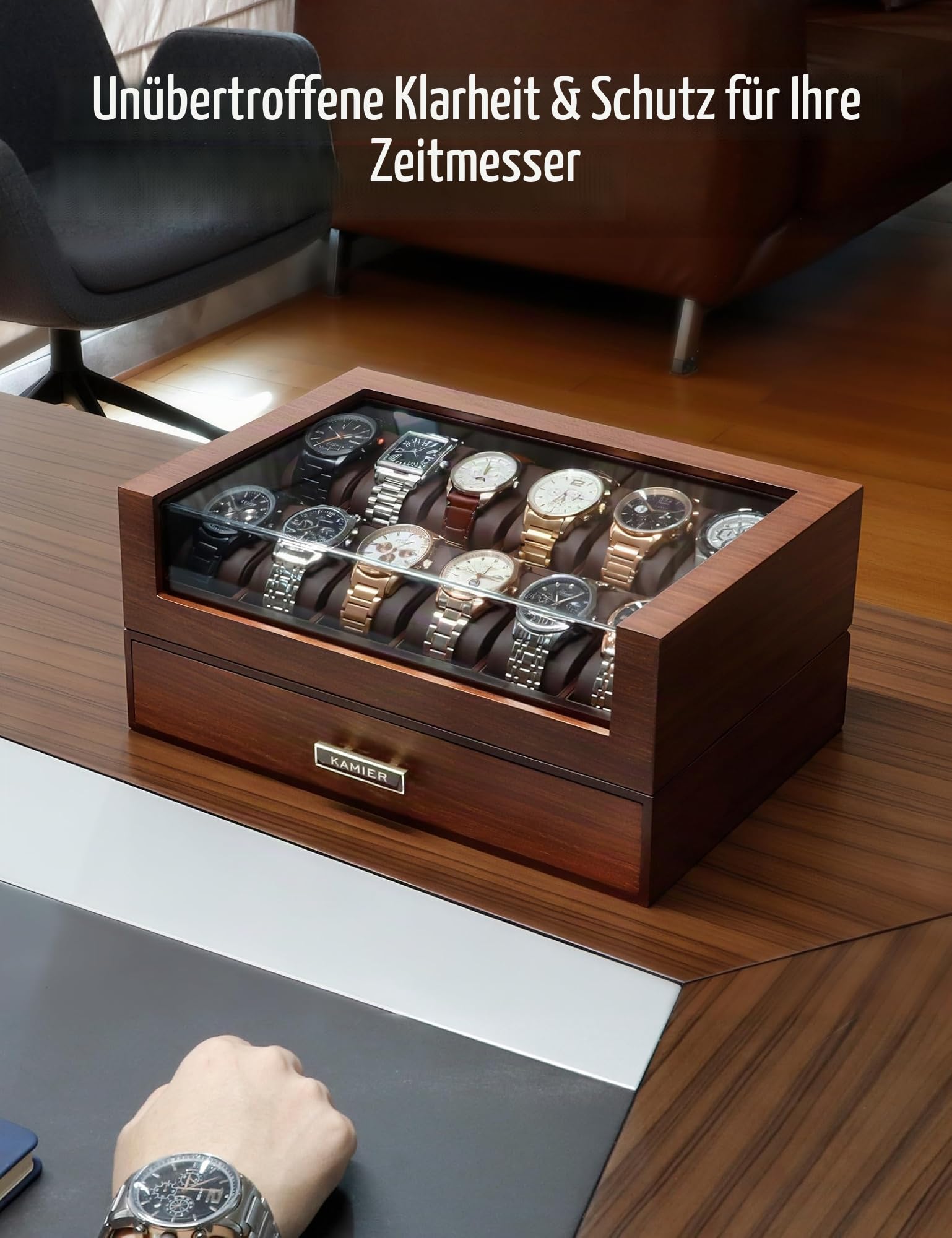 KAMIER Uhrenbox Herren mit 12 Fächern, Luxuriöse Groß Echtholz Watch Box 2 Ebenen, Uhrenkasten mit herausnehmbaren Uhrenkissen und Schublade, Premium Uhrenkoffer mit Glasdecekel (mit Geschenkbox)