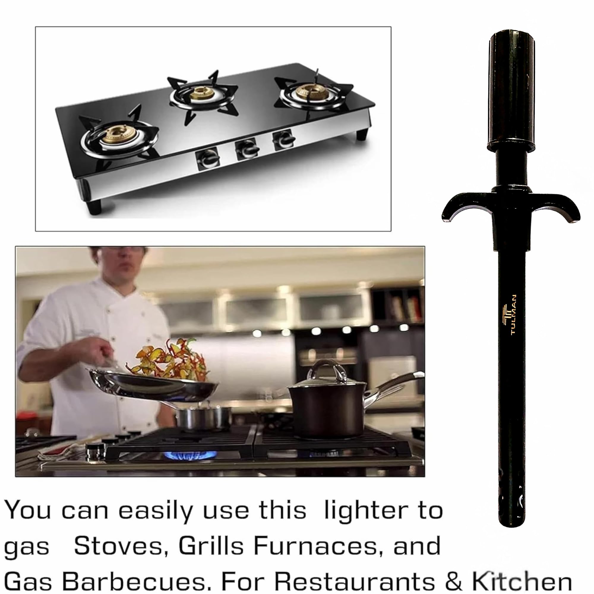 TULMAN 1 Pack Easy Grip Metal Gas Lighter for Kitchen, Long Handle Regular Gas Stove Lighter for Home & Restaurant Use - Black 4