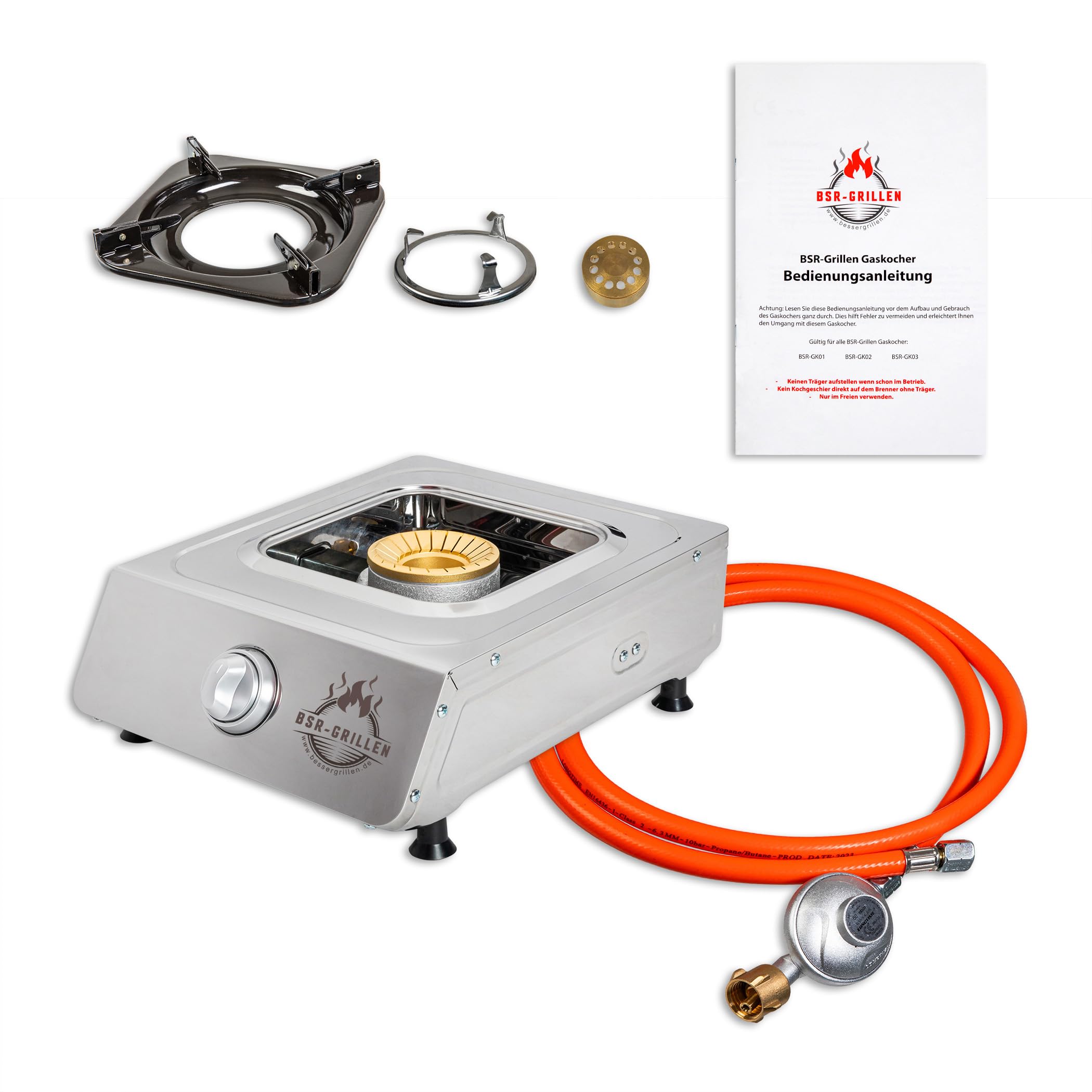 Gaskocher Edelstahl Campingkocher mit 5,5 kW Leistung, Piezozündung, Zündsicherung, 150 cm Gasschlauch, Druckminderer 50 mbar, Pfannenständer aus Emaille (1-flammig)