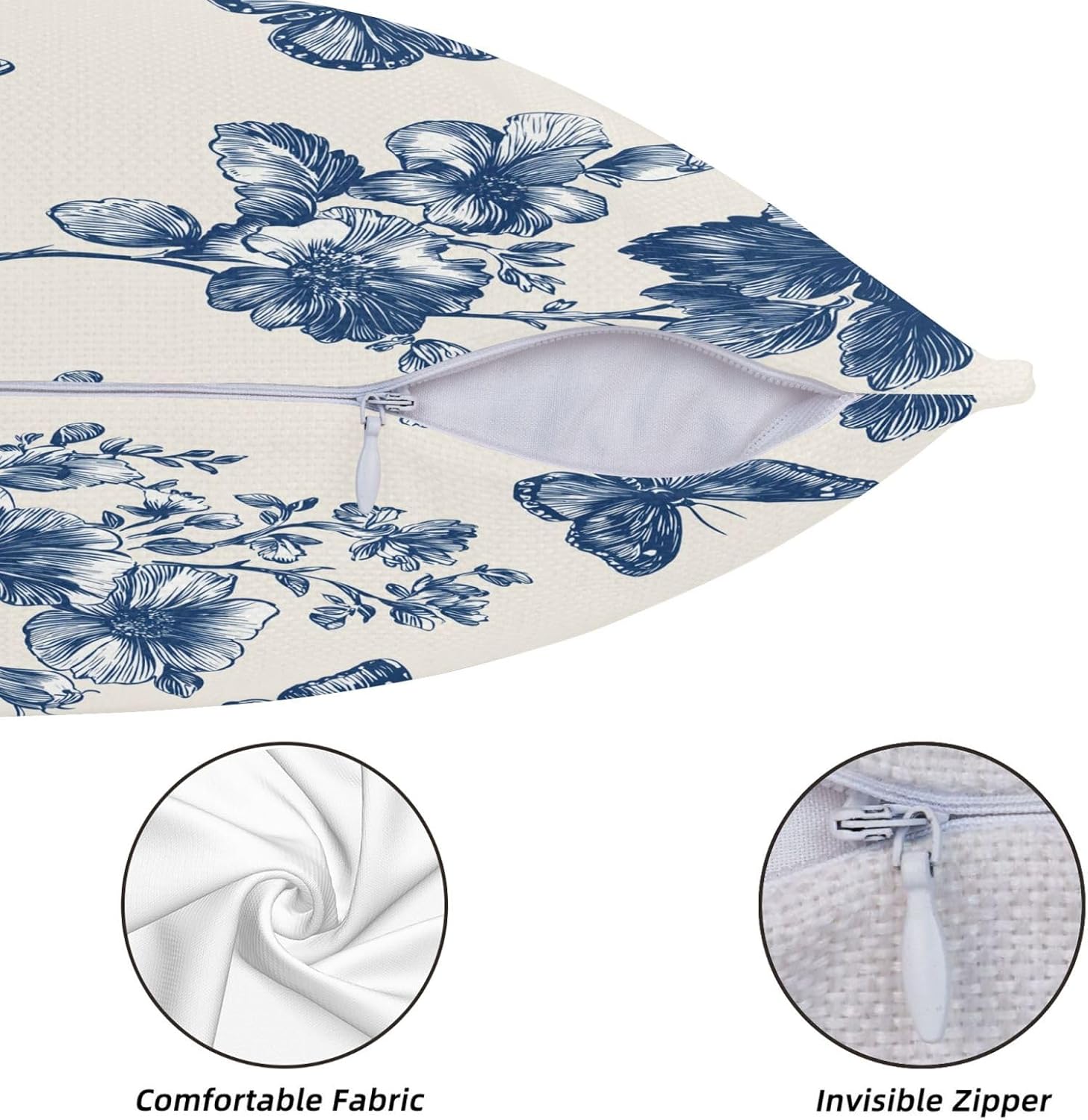 KiuLoam Navy Blue Floral and Butterfly Pillow Covers 24x24 Inch Set of 2, Vintage Chinoiserie Rustic Decorative Throw Pillows, Farmhouse Outdoor Square Cushion Cases for Sofa Couch Bed Home Decor