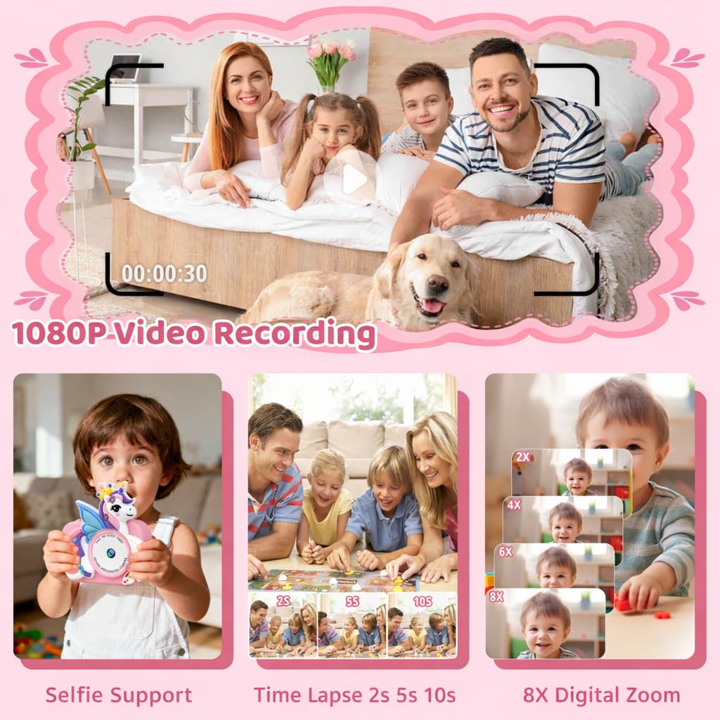 1080P HD fotocamera digitale per bambini con schermo da 2,0" e scheda da 32 GB, regalo per compleanno Natale, macchina fotografica giocattolo per 3-12 ragazze ragazzi
