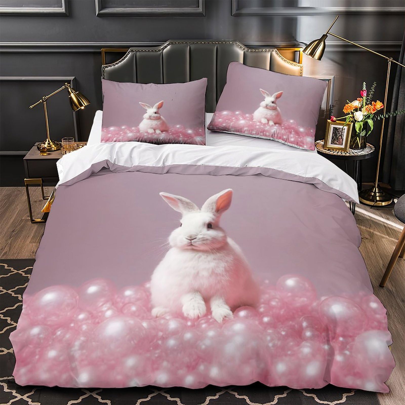 Housse de Couette Lapin 140x200 Parure Lit Enfant Microfibre
