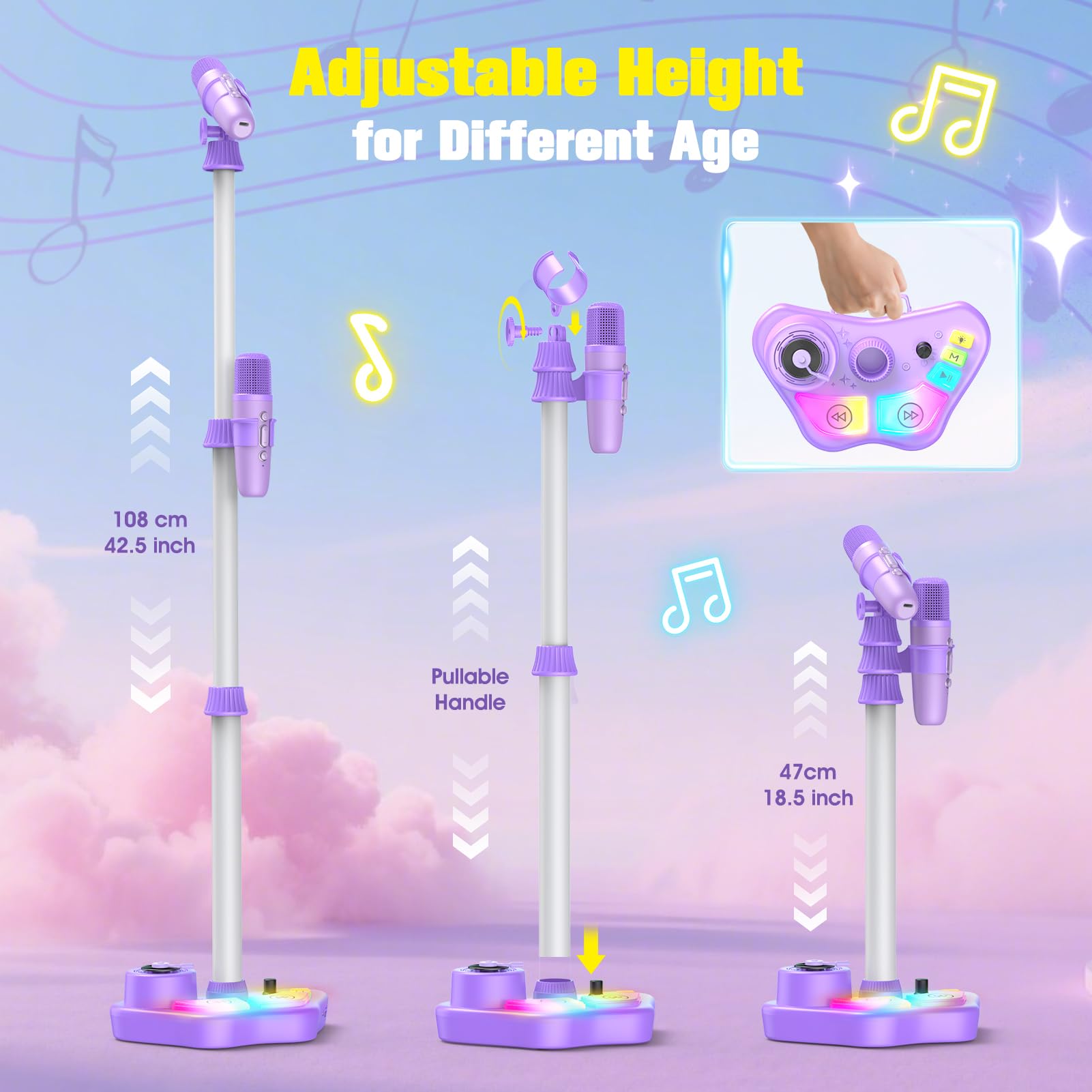 Microfono Karaoke per Bambini con Supporto, 2 Microfoni Wireless, Luci Colorate, Bluetooth, USB, AUX, TF Card, Altezza Regolabile 47-108 cm