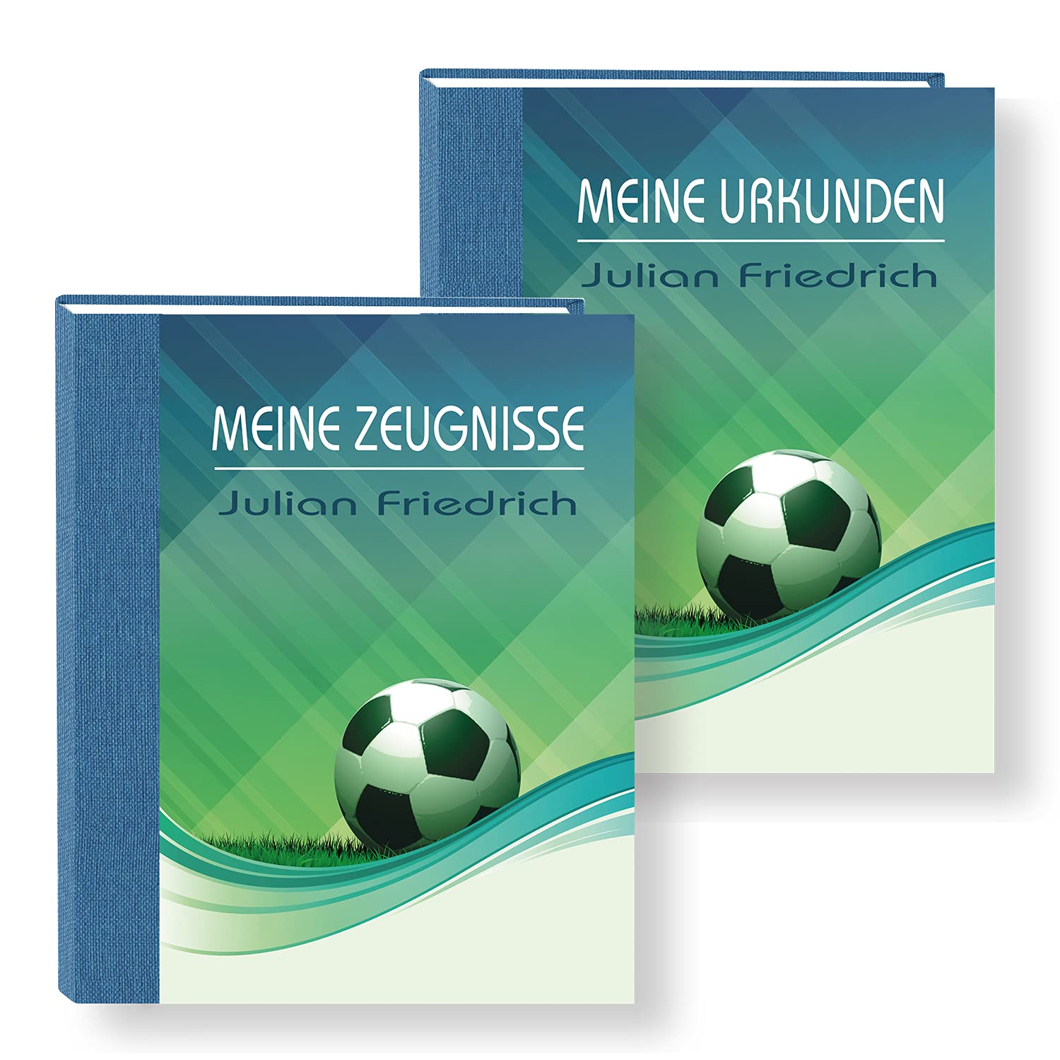 Zeugnismappe personalisiert Soccer A4 ca. 31x24 cm, blau grün, Zeugnisbuch Fußball, Urkundenmappe Einschulung, Schulanfang