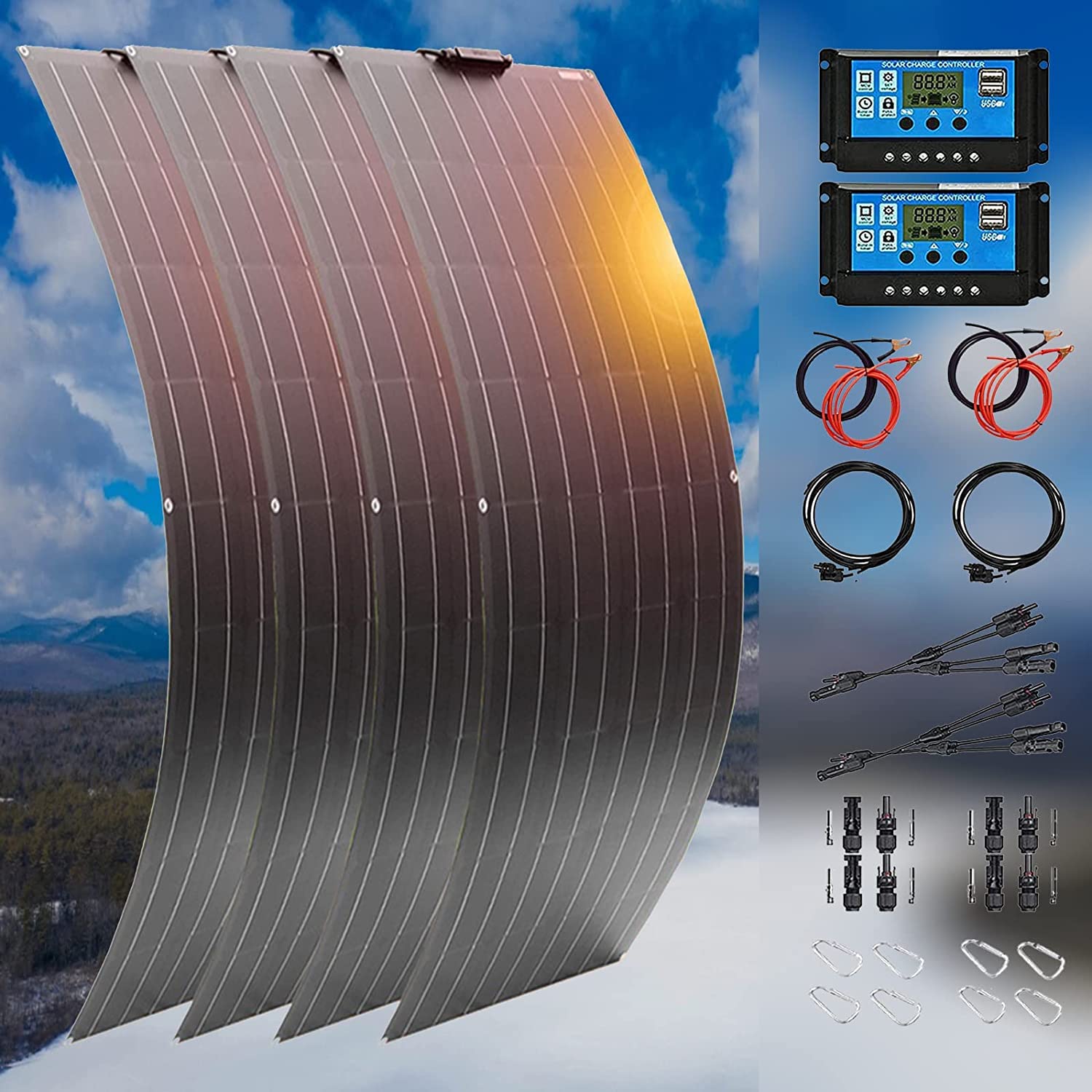 Kit di 4 pannelli solari flessibili da 300 W x 4 per camper, roulotte, barche, tetti – facile da montare su superfici irregolari