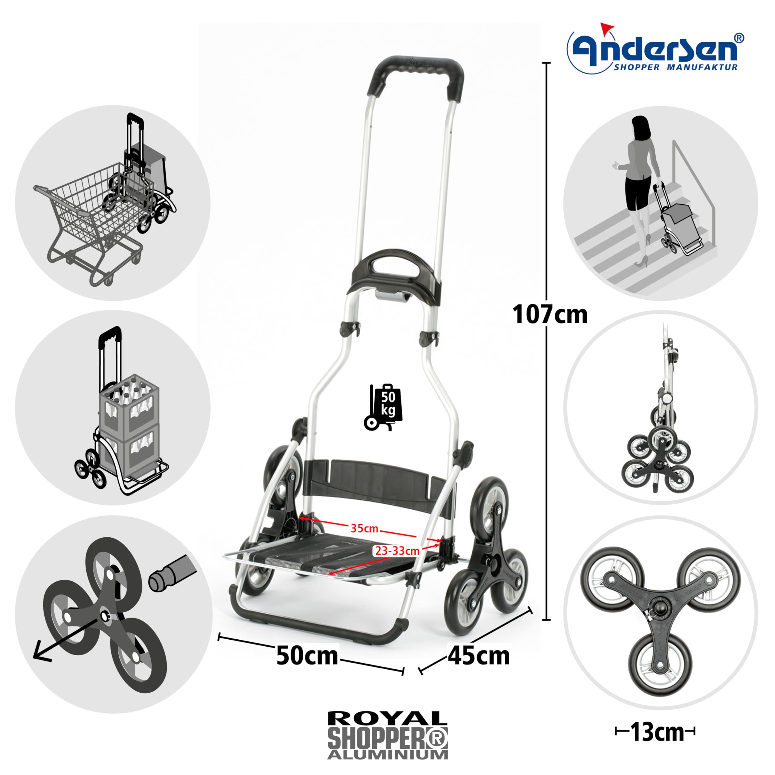 ANDERSEN Einkaufstrolley - Treppensteiger Royal Shopper Malit rot 49 L Einkaufswagen,langlebig,Thermo, Aluminium, klappbar, Räder abnehmbar, ...