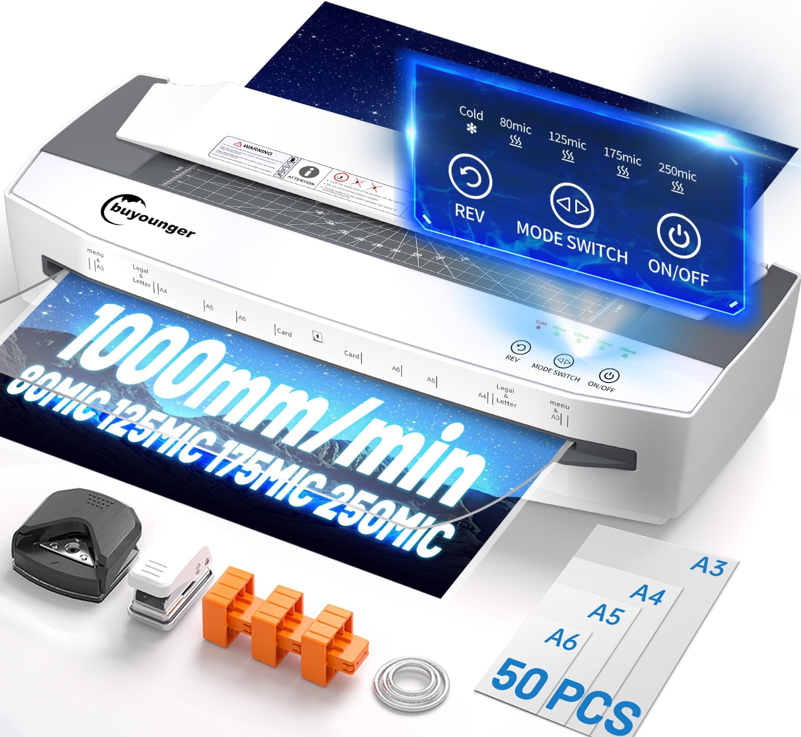 Buyounger 4-Roller A3 Laminator, 11 in 1 Cold & Thermal Heavy Duty Laminstor Machine, 60s Warm-up, LCD Touch Panel, Smart Jam Prevention, Auto Shut-Off, 50 Laminating Sheets for Office School