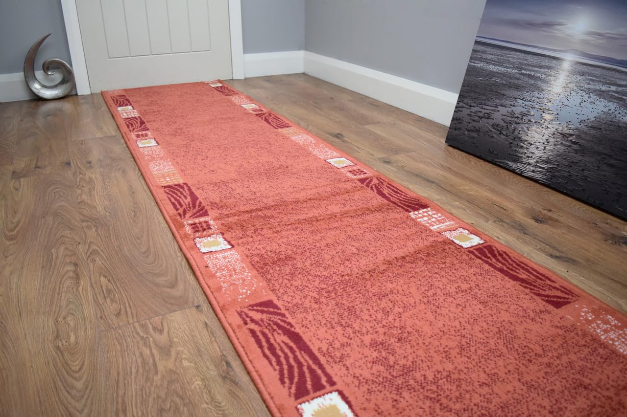 SrS Rugs® Luna Collection, Modern Long Carpet Runner Rug for Entrance Hall and Stairs. Smooth Soft 8mm Depth Pile. 70cm Wide. Any length (Terracotta Borders, Length: 6' (183cm)) — image 1
