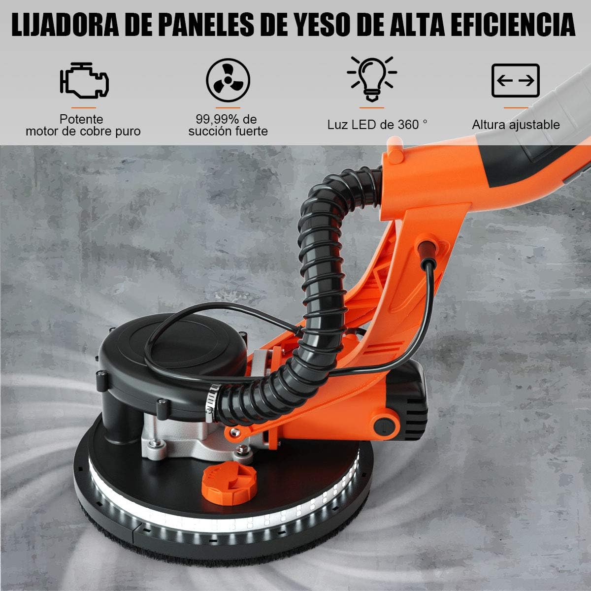 COSTWAY Lijadora de Techo Electrica de Pared, Lijadora Profesional Ø225mm/800-1750 RPM/ 750W /12 Discos de Lijado y LED, Naranja + Negro