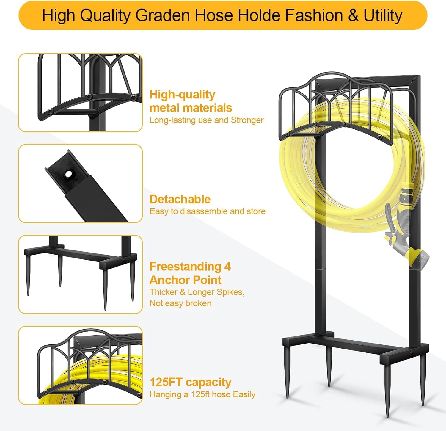 2 Pack Garden Hose Holder-Upgraded Hose Holder Holds 100-feet Hose,Freestanding Heavy Duty Hose Hanger,Sturdy Hose Stand and Hose Storage Rack for Lawn & Yard,Black