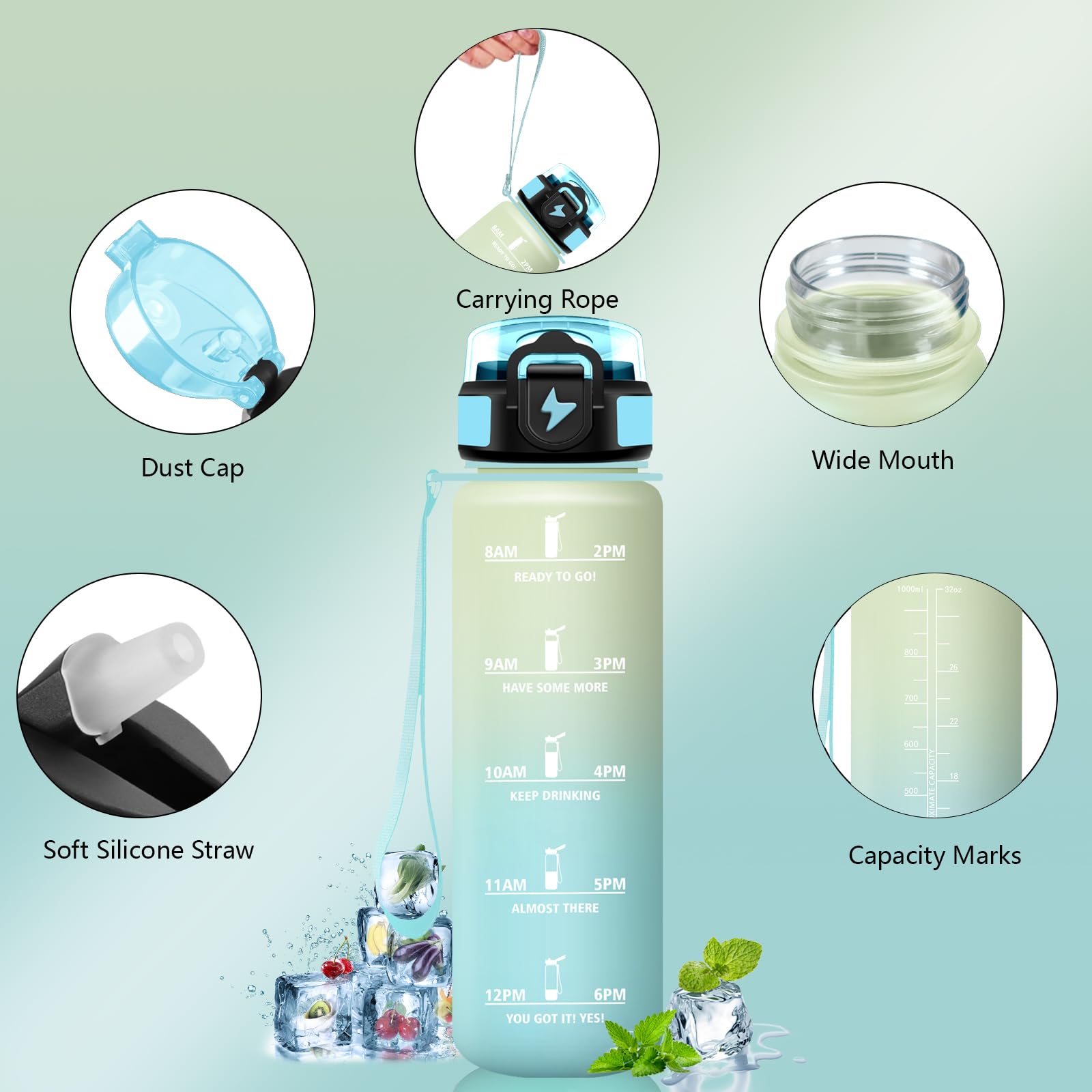Borraccia 1 litro, Senza Perdite Borracce con Cannuccia, Borraccia Palestra con Indicatore del Tempo, Facile da Pulire, Borracce Motivazionale per Ciclismo, Gym, Campeggio - 3