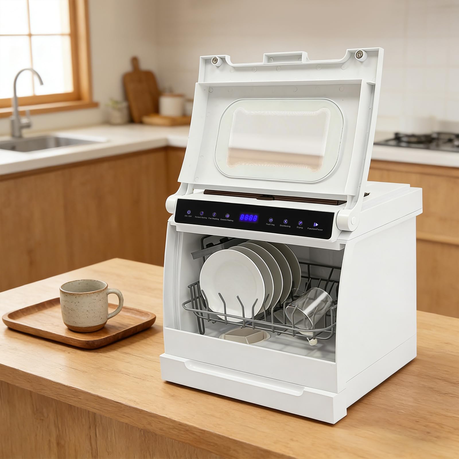 Geschirrspüler Tischgeschirrspüler 800W 220V Mini Spülmaschine 5 Modi 72°C Heißwasser,Touchsteuerung 360° Sprüharme,Messerdesinfektionsbox 72h Trockenlagerung 52dB Leise Für 4-6 Personen Wohnung