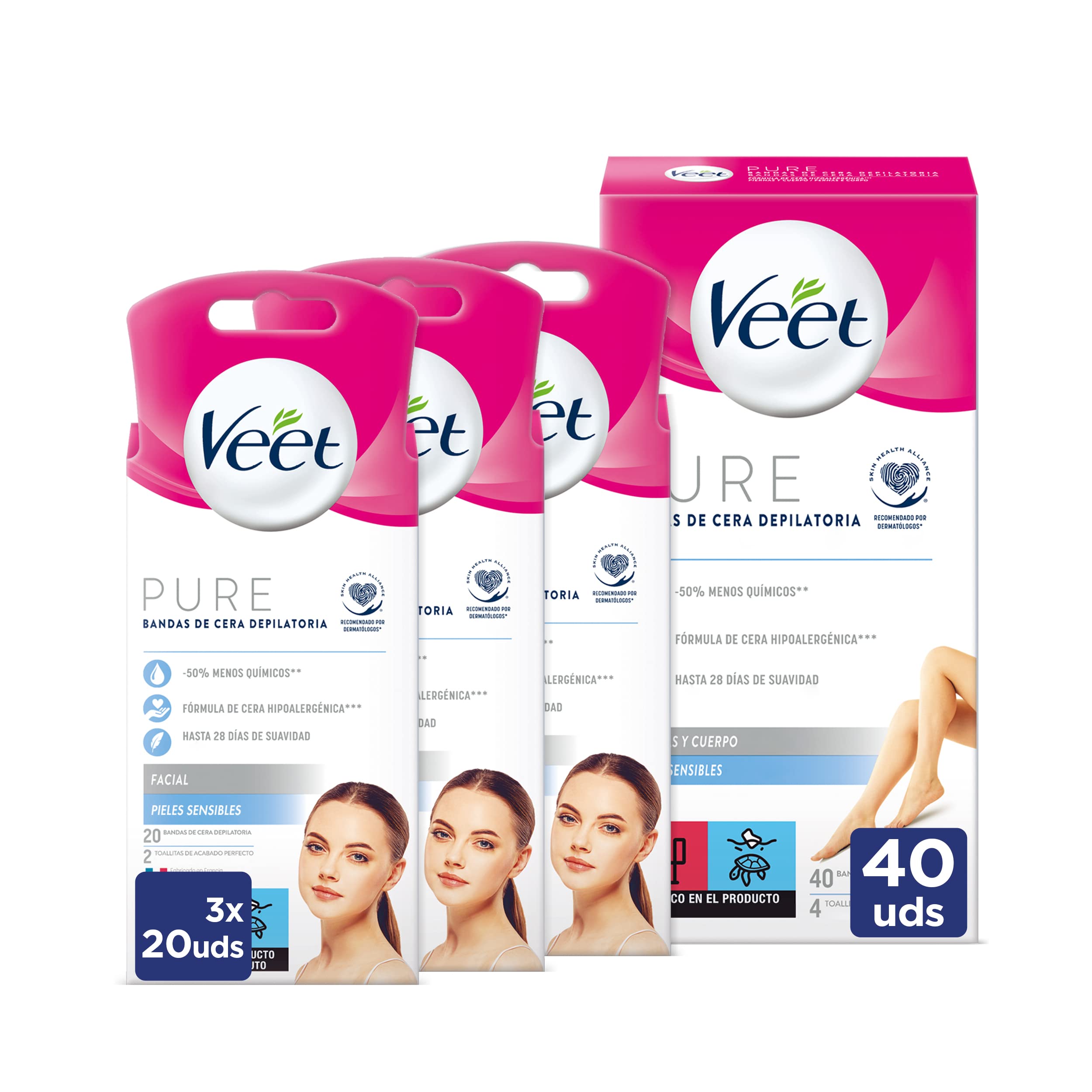 Veet Pure Bandas de Cera Fría Depilatoria para Depilación de Piernas y Cuerpo 40 tiras + Depilación Facial Adecuado para Labio Superior (Bigote), Pieles Sensibles, 3x20 Tiras