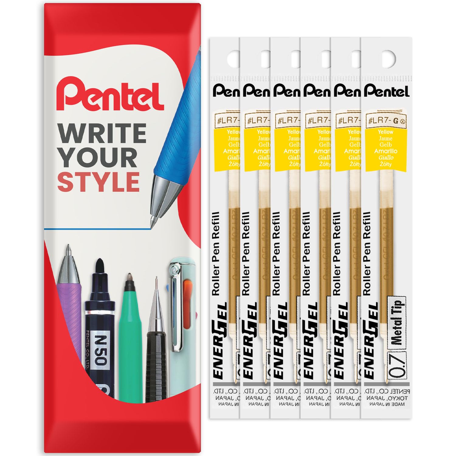 Pentel Energel 0.7mm Refill Metal Tip LR7 - BL77/BL57/BL37 Pen Refill - in Envelope Gift Packaging - Pack of 6 (Yellow)