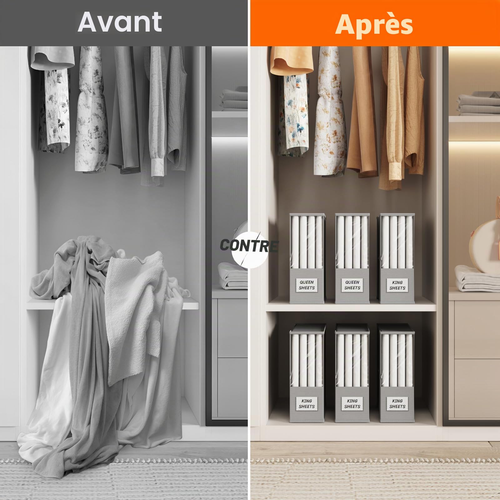 Lifewit Sacs de Rangement Pliables pour Draps de Lit, Boite Rangement Draps de Lit avec Fenêtre Transparente, Étiquette, Caisse Rangement Housse Couette, Couverture, Placard, Gris Claire, Lot de 6