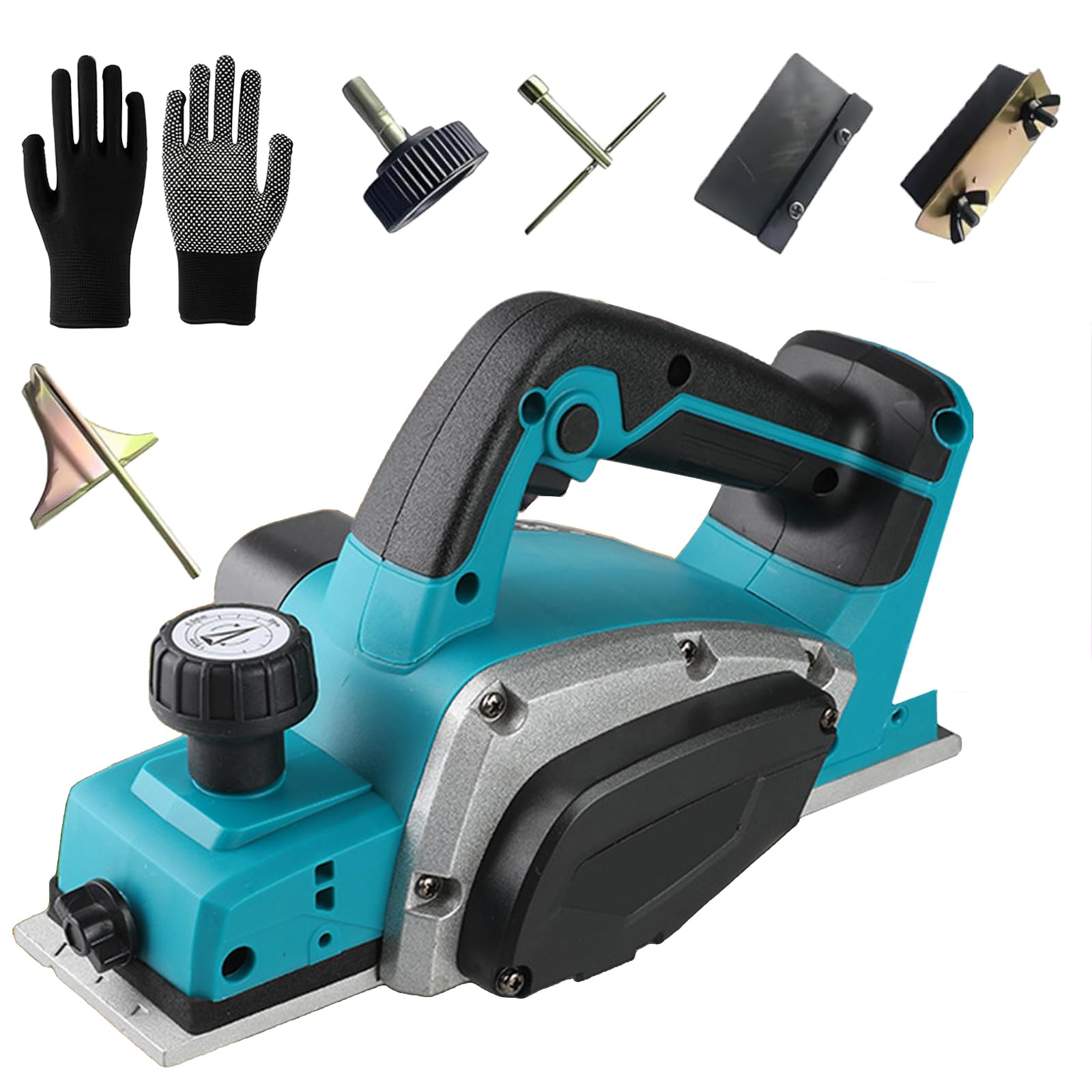 Akku Hobel mit Handschuhe Kompatibel mit Makita 18V, Kabellose Elektrische Hand-Planer Randhobel, 16500 U/min, 82mm Hobelbreite, 0-2mm Tiefeneinstellung für Holzbearbeitung (ohne Batterie)
