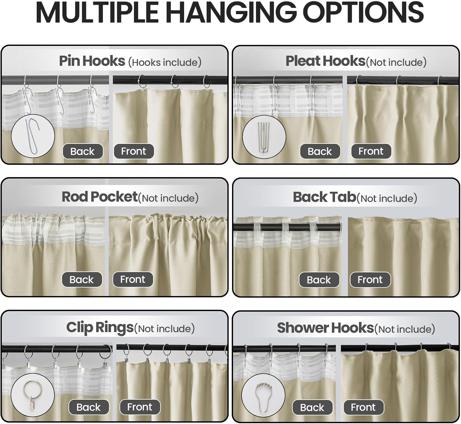 Beige Blackout Curtains for Living Room 52 x 90 Inch Long 2 Panels Set - Back Tab and Rod Pocket with Hook for Track System - Blackout Slider Curtains for Sliding Glass Door