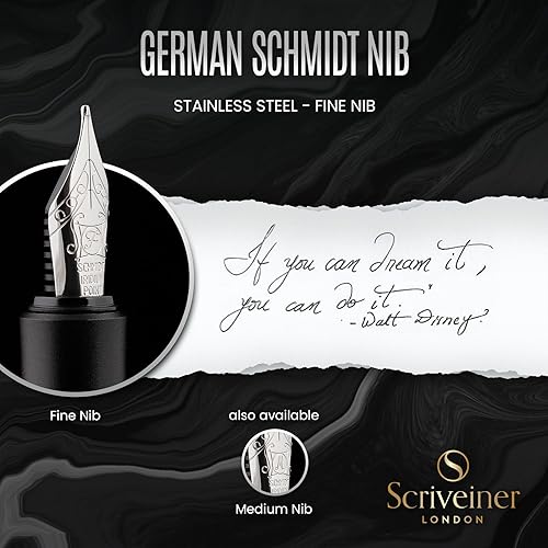 Vista 5 de Scriveiner Pluma estilográfica EDC de lujo (fina), impresionante bolígrafo de bolsillo negro mate, acabado cromado, punta alemana Schmidt, 11. Negro