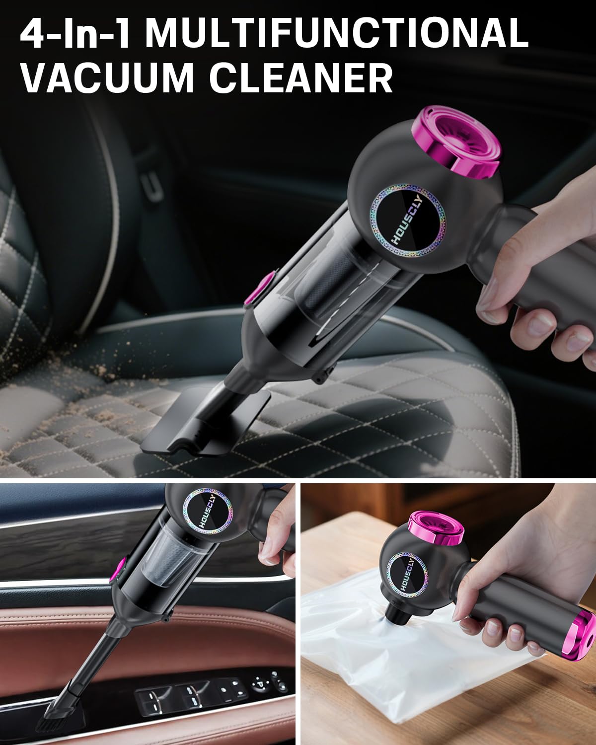 houscly Aspirapolvere portatile senza fili 25000Pa Aspirapolvere piccolo ad alta potenza 4 in 1 Aspirapolvere ad aria compressa Pompa per aspirapolvere portatile per casa ufficio Accessori per auto