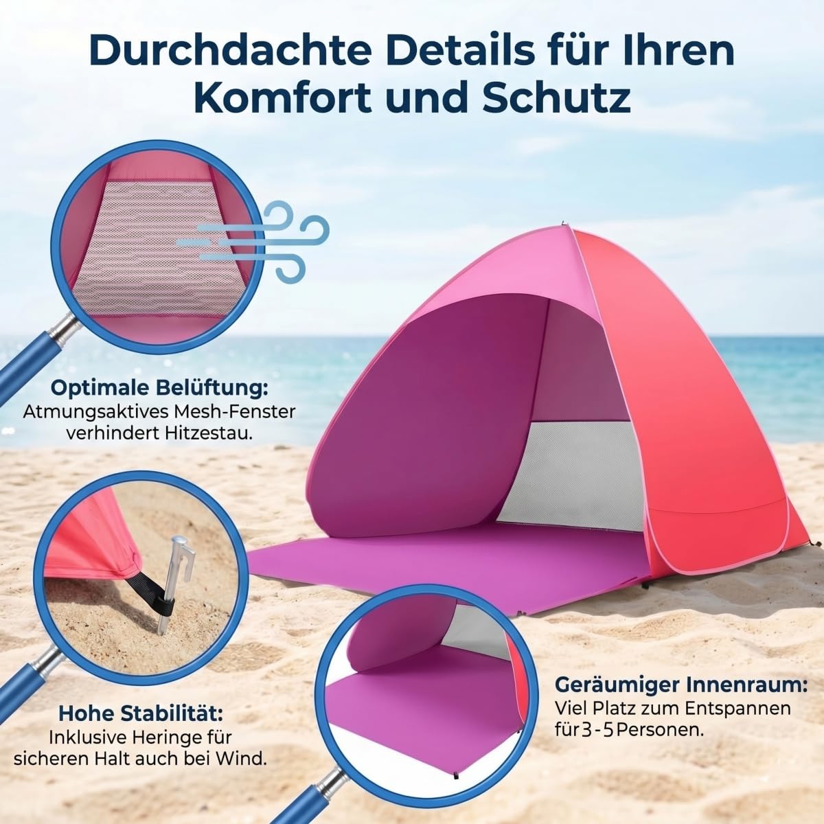 XXL Strandmuschel Pop Up, 200cm x 165cm x 130cm, Outdoor strandzelt für 3-5 Personen, UPF 50+ uv Schutz (pink)