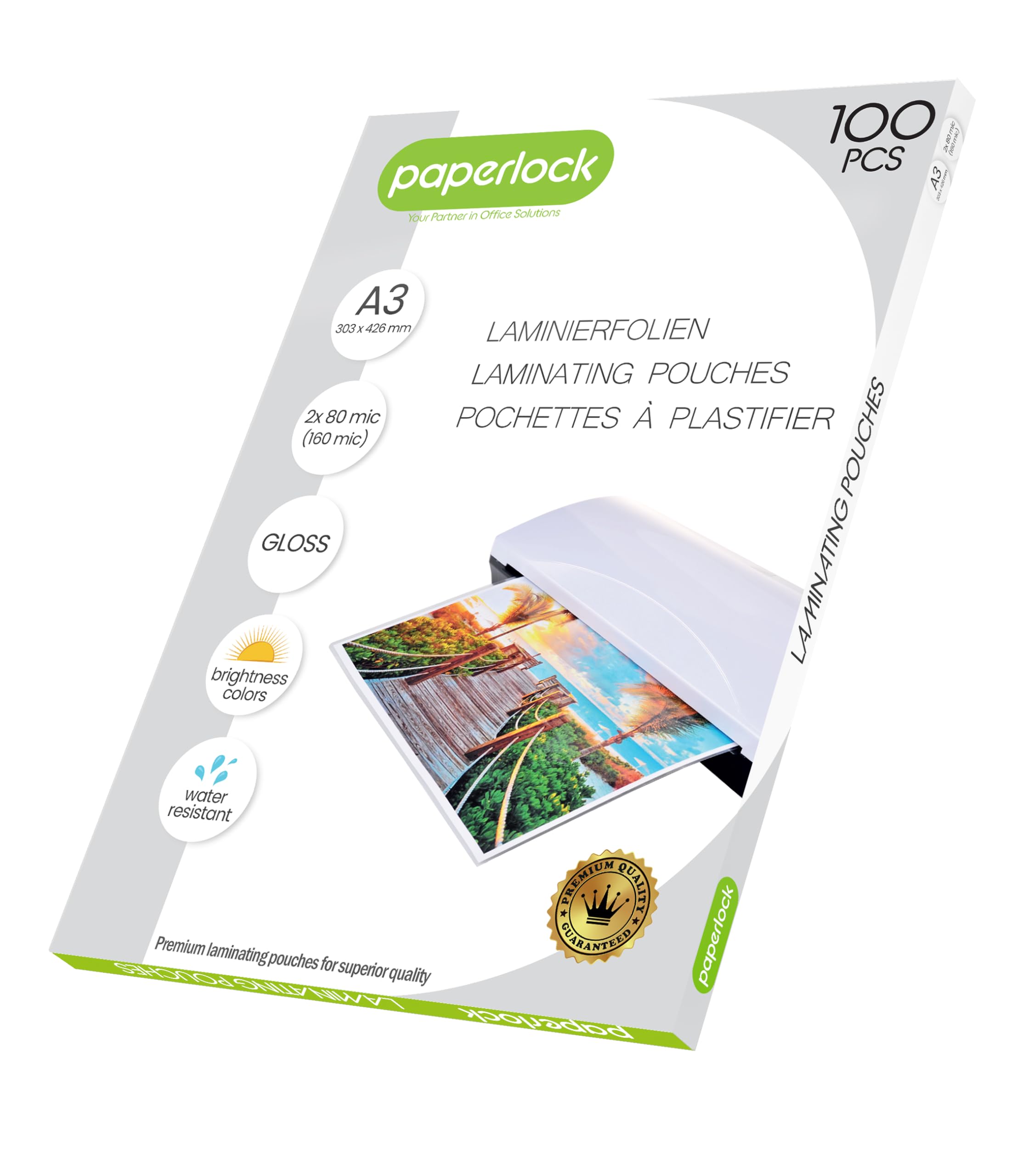 Paperlock - Pack of 100 Laminating Pouches A3, 2X 80micron, Gloss Finish Transparent, Packaging May Vary, clear