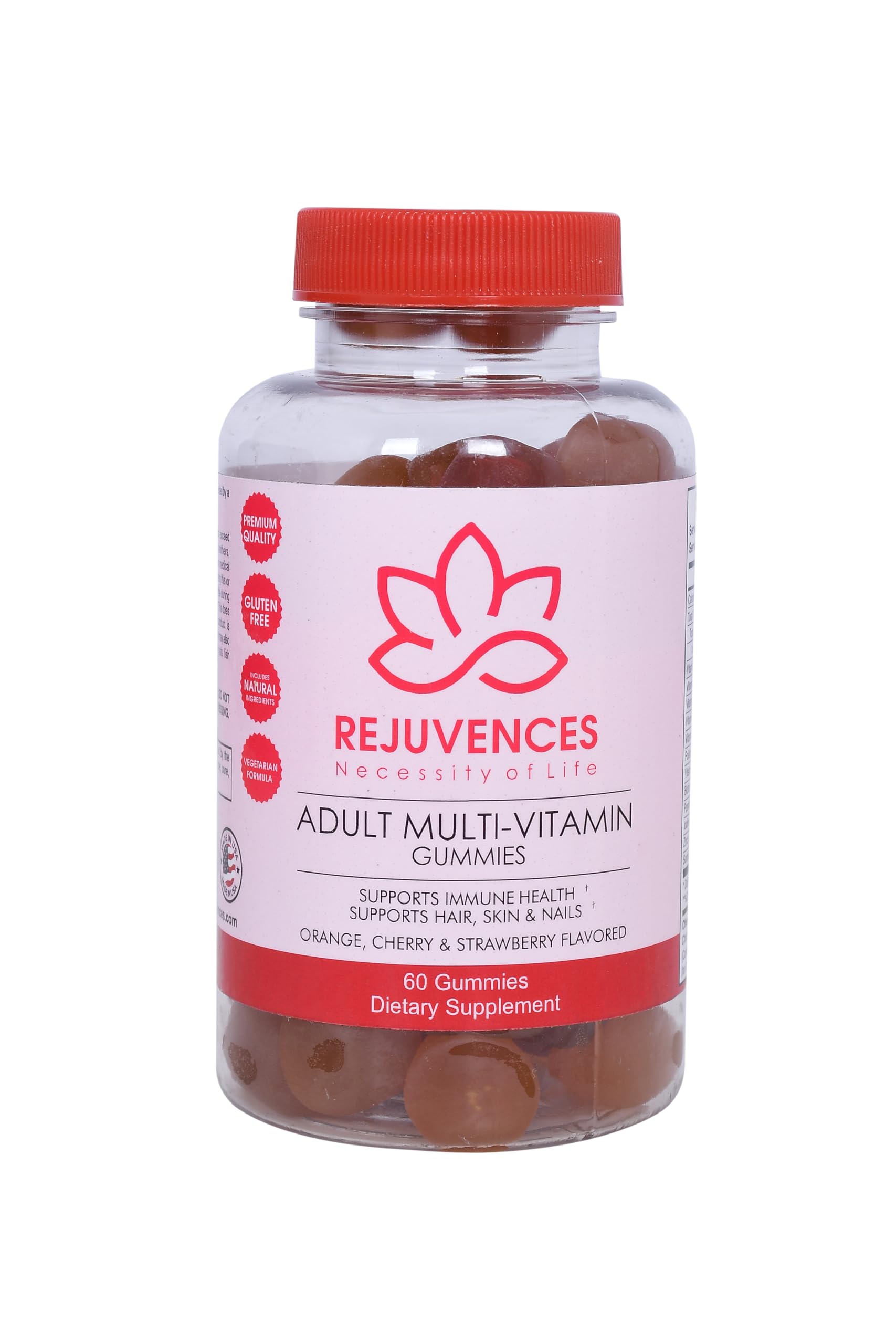 Rejuvences Gummy Multivitamins for Women & Men, FDA GMP & Dubai Municipality Approved - Deliciously Chewy Orange Cherry & Strawberry Flavored Vitamin Supplements for Adults - Immunity Vitamins, 60 Pcs