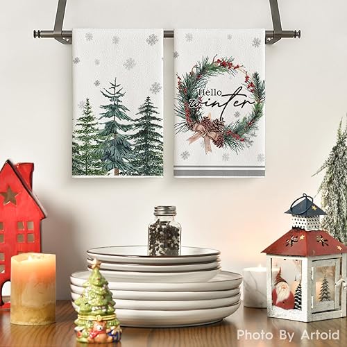 Miniatura 2 de Artoid Mode Juego de 4 toallas de cocina de invierno con diseño de conos de pino de Elk Trees de 18 x 26 pulgadas, diseño de conos de pino y bayas