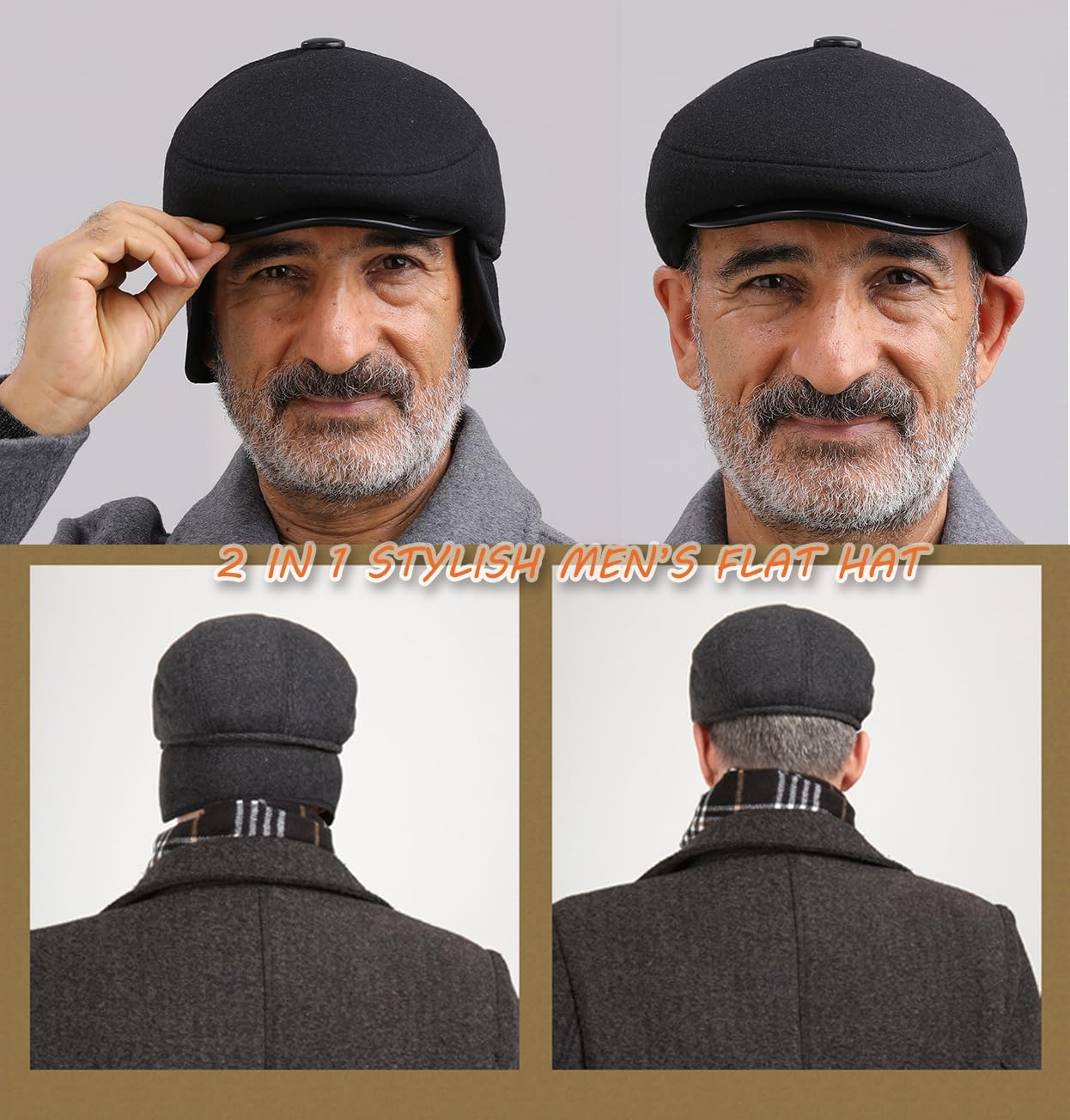 Men's Winter Flat Cap with Ear Flaps Wool Warm Newsboy Hat Derby Tweed Irish Cap Peaked Gatsby Beret Hat Grandad Driving Cap - Image 7