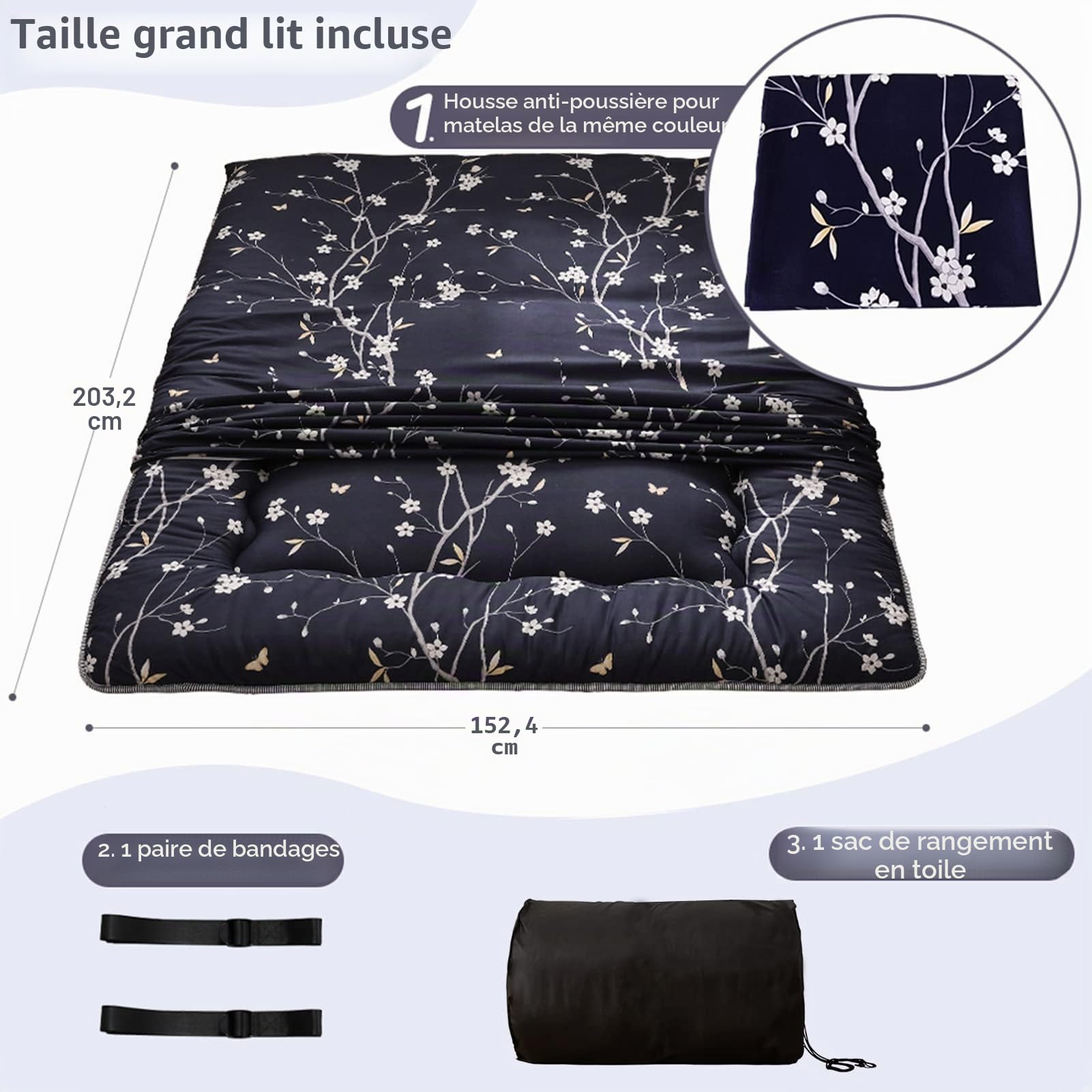 MAXYOYO Matelas de sol japonais bleu marine imprimé floral futon pliable pliable pour le camping