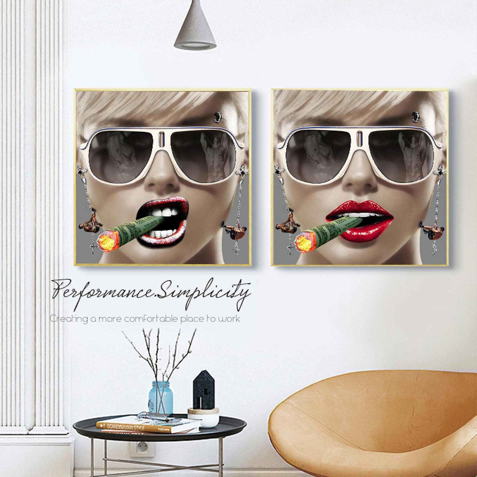 Chica de moda Dama Estilo exagerado Lienzo Pintura Carteles de pared Impresión de arte Imágenes Sala de estar Casa Decoración para el hogar 50x50x2cm Marco interno