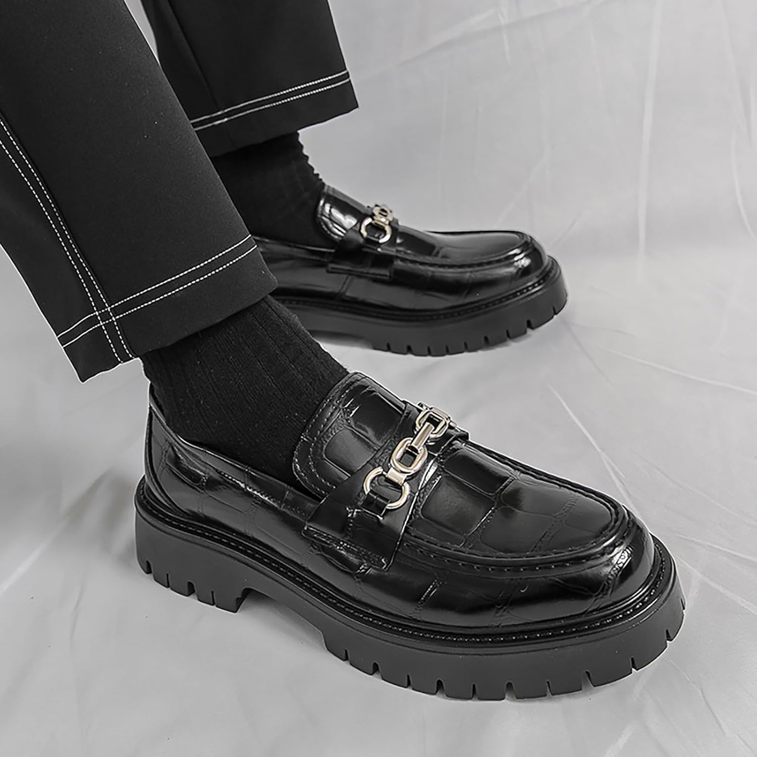 Men's Leather Printed Platform Slip-On Penny Loafers Fashion Round Toe Metal Decoration Non-Slip Lug Sole Business Dress Shoes for Driving Office Party - Image 2