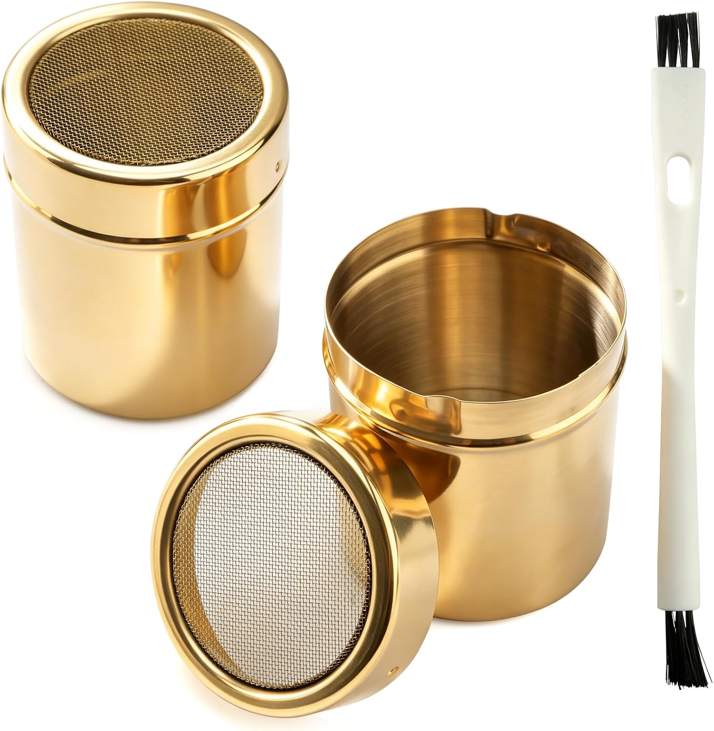 2 PCS Gold Powder Sugar Shaker Duster with Fine Mesh - 304 Stainless Steel Cinnamon Dispenser for Coffee, Chocolate, Flour, Spices - Ideal Kitchen Tool for Home Baking & Daily Use
