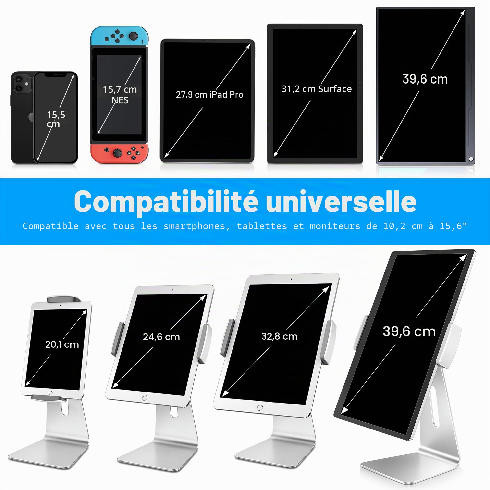 AboveTEK, élégant Support en Aluminium pour iPad Pro. Pivotant pour iPad Air/Mini kiosque POS. Deux Supports de Maintien 6"~13". Support interactif pour Tablette iOS/Android
