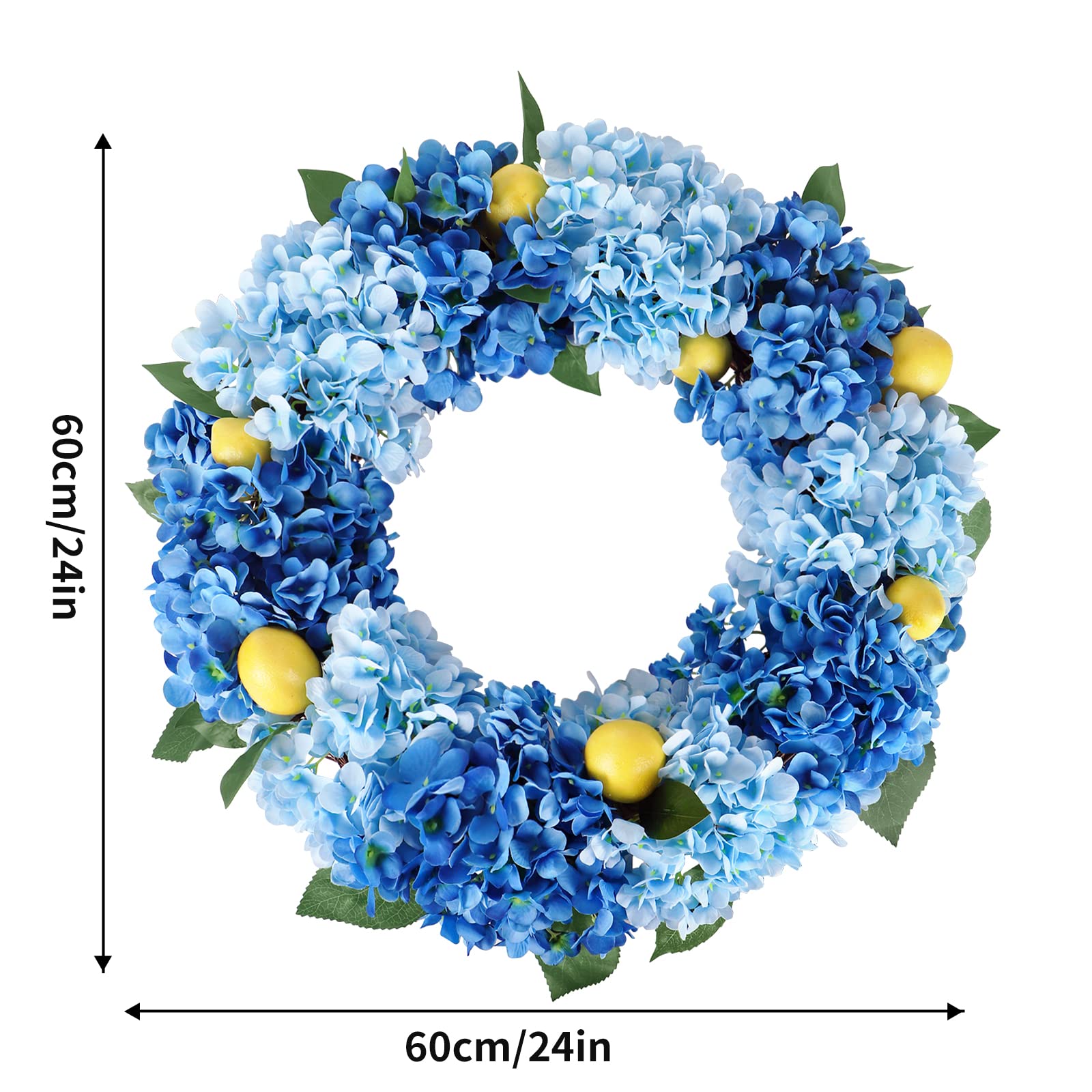 Kmise Sommer-Frühlingskranz für Haustür, 66 cm, große blaue Hortensien, Zitronenkranz für Tür, Fenster, zum Aufhängen, Hochzeit, Party, Dekoration