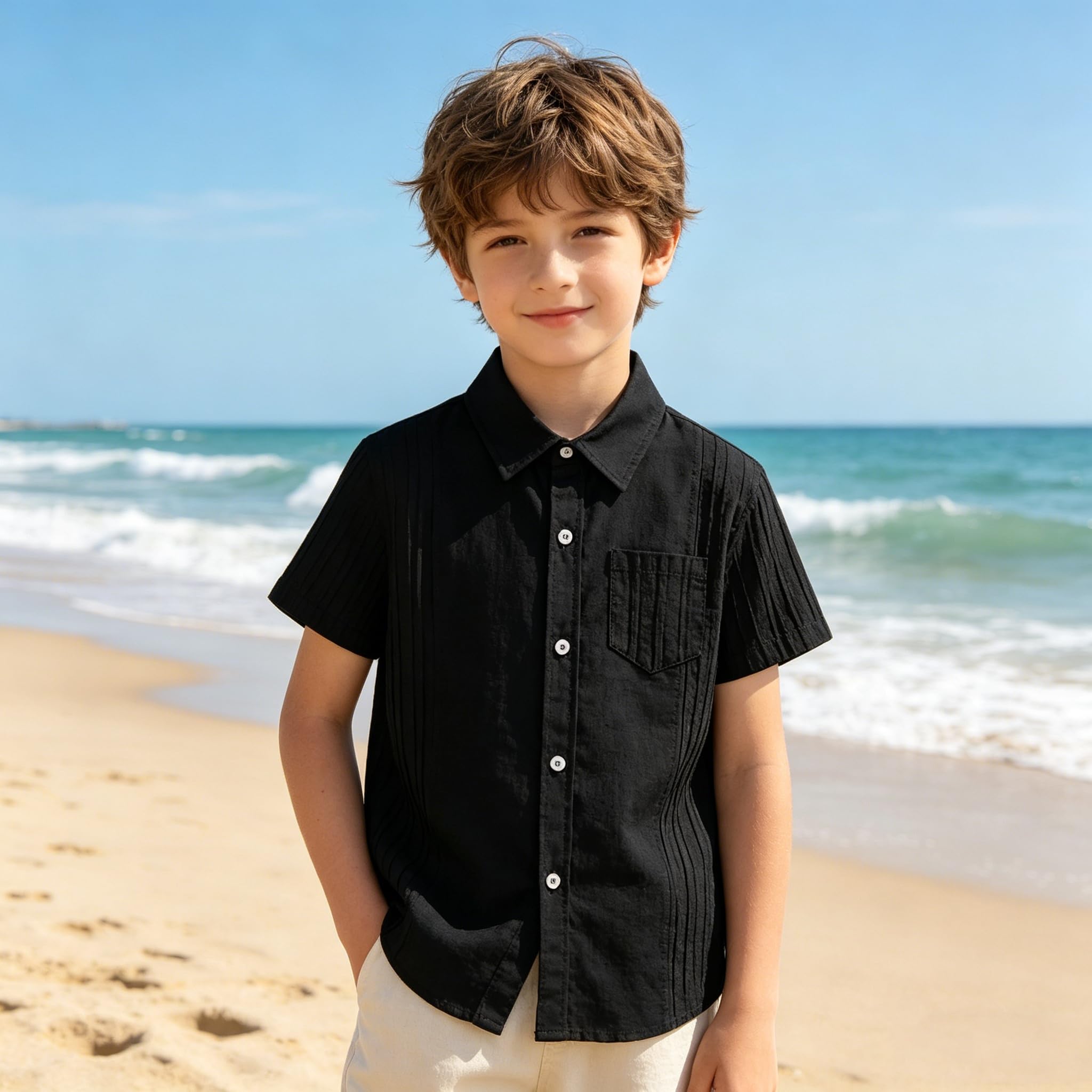 LOLANTA Camicia a Maniche Corte per Ragazzi in Cotone e Lino, Bambino Camicia Cubana Casual con Bottoni per Estate, 5-12 Anni