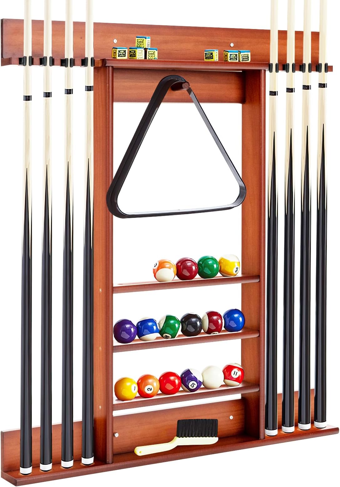 GYMAX Billiards Pool Cue Rack, Wall-Mounted Pool Stick Holder Holds 8 Cues, 16 Billiard Balls and 1 Ball Rack, Solid Pine Wood Billiards Equipment for Man Cave, Billiard Room, Game Room & Club, Brown
